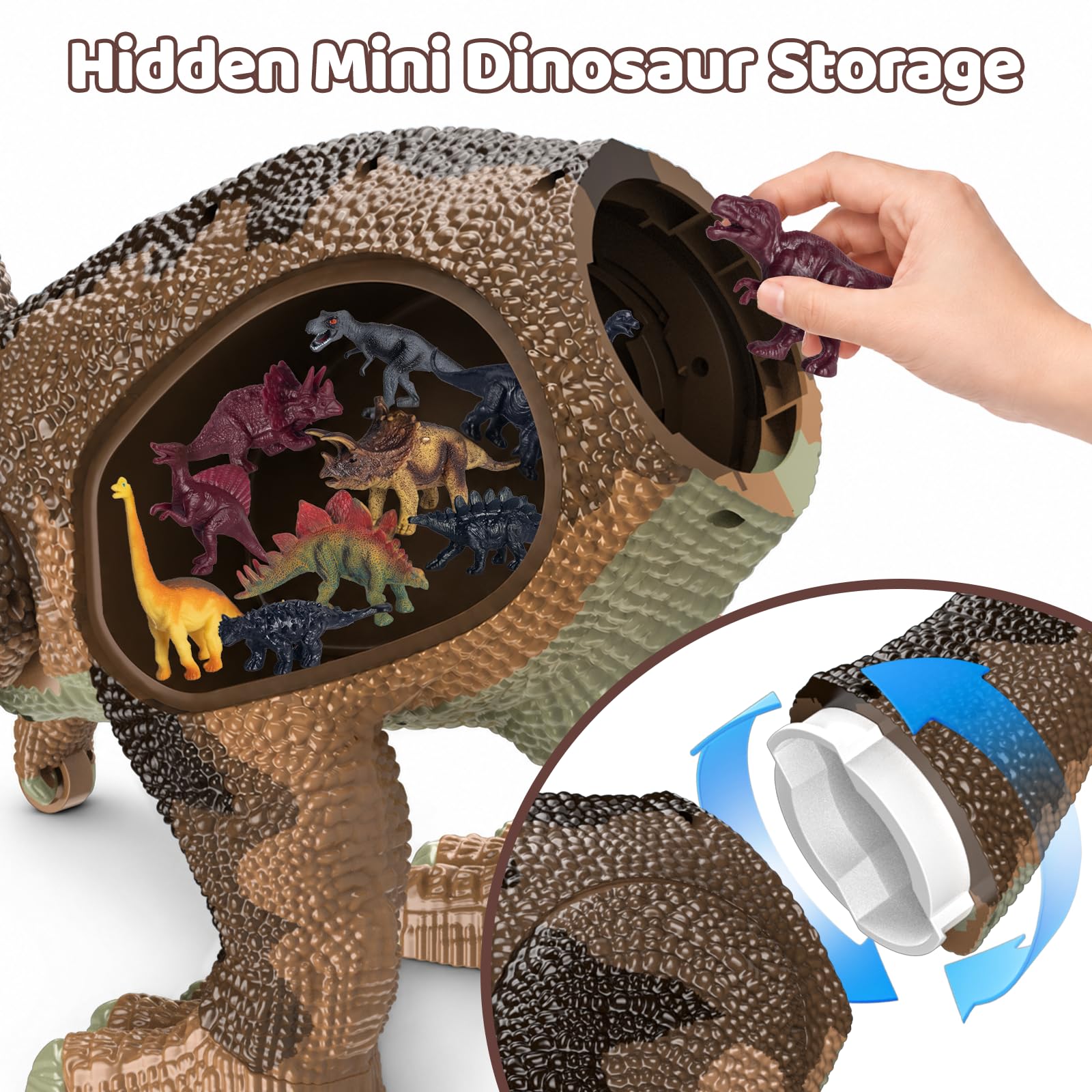 Juguetes De Dinosaurios para Niños De 3 A 8 Años, Gran T-Rex con Almacenamiento Oculto, Set Completo con Figuras, Niebla Realista, Luces Y Sonidos, Movimiento Deslizante, Marrón