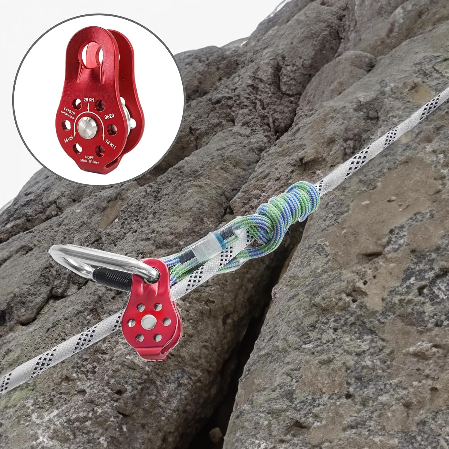 2 Pcs Climbing and Rescue Micro Pulleys, 28Kn Aluminum Alloy Fixed Plate Pulley Set for Rigging, Hauling, Rappelling, Aloft Work