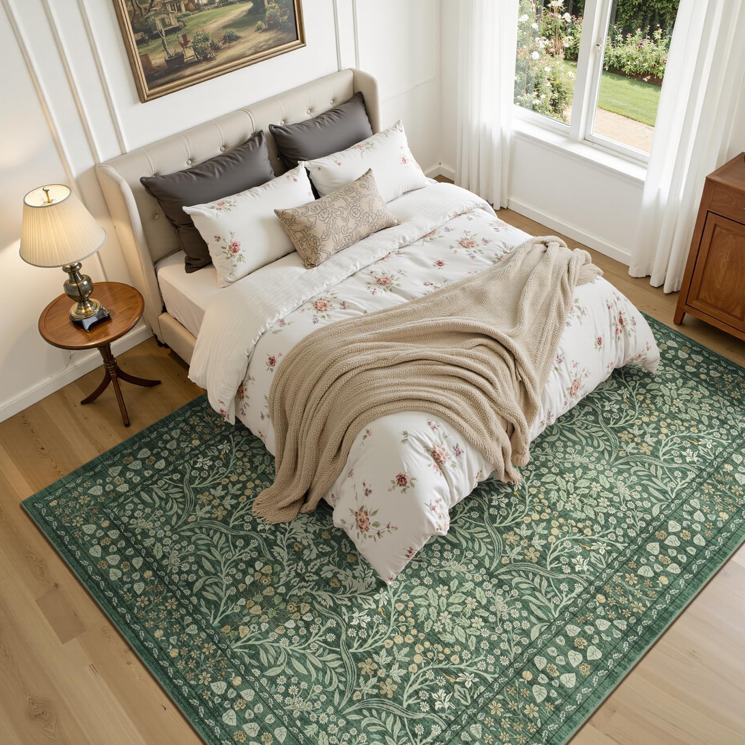 Lofus Green Rug 8x10, Washable Large Living Room Area Rugs Non Slip Low Pile, Boho Floral Carpet for Kitchen Bedroom Dining Room Nursery Home Office, Vintage Farmhouse Forest-Themed Area Rugs