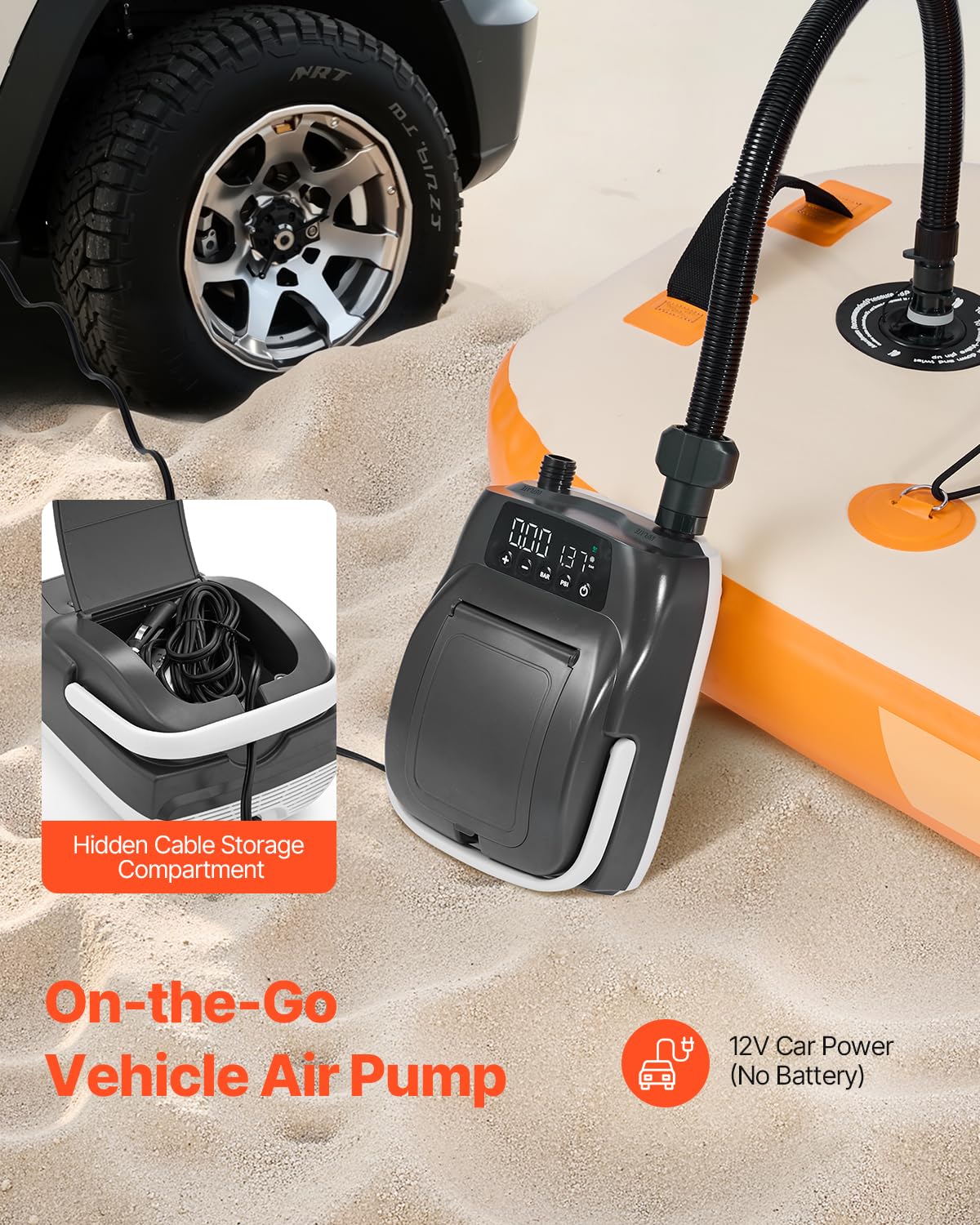 VEVOR Pompe à Air pour Paddle Haute Pression 20 psi, Gonfleur pour Sup avec Connecteur Allume-Cigare et Arrêt Automatique, Gonflage et Dégonflage à Deux Étages, pour Bateau Gonflable Matelas Tentes