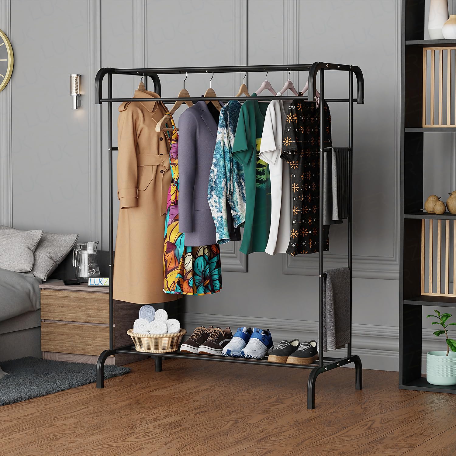 Lukzer Heavy Duty Metal Double Rod Clothing Rack with 2 Storage Racks | Multifunctional Garment Stand for Coats, Hats, and Accessories | Clothes Rail for Hallway/Living Room (Black/MGS-004), Cm (B0DHLGH4DT) Amazon Price History, Amazon Price Tracker