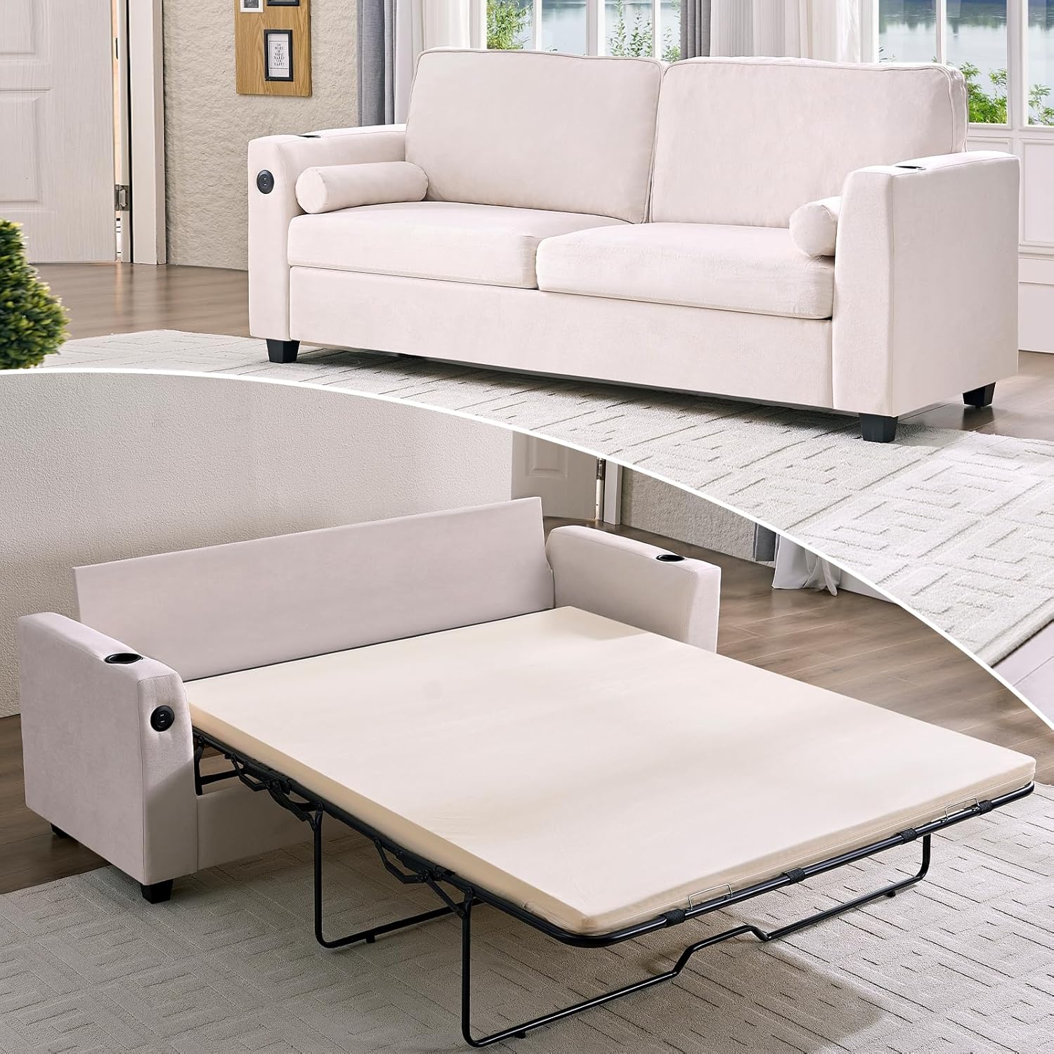 Mjkone 83'' Pull Out Sofa Bed, Queen Pull Out Couch with USB Charging Ports & 2 Cup Holders, 2-in-1 Convertible Sleeper Sofa with Memory Form Mattress for Living Room Apartment Office, Beige