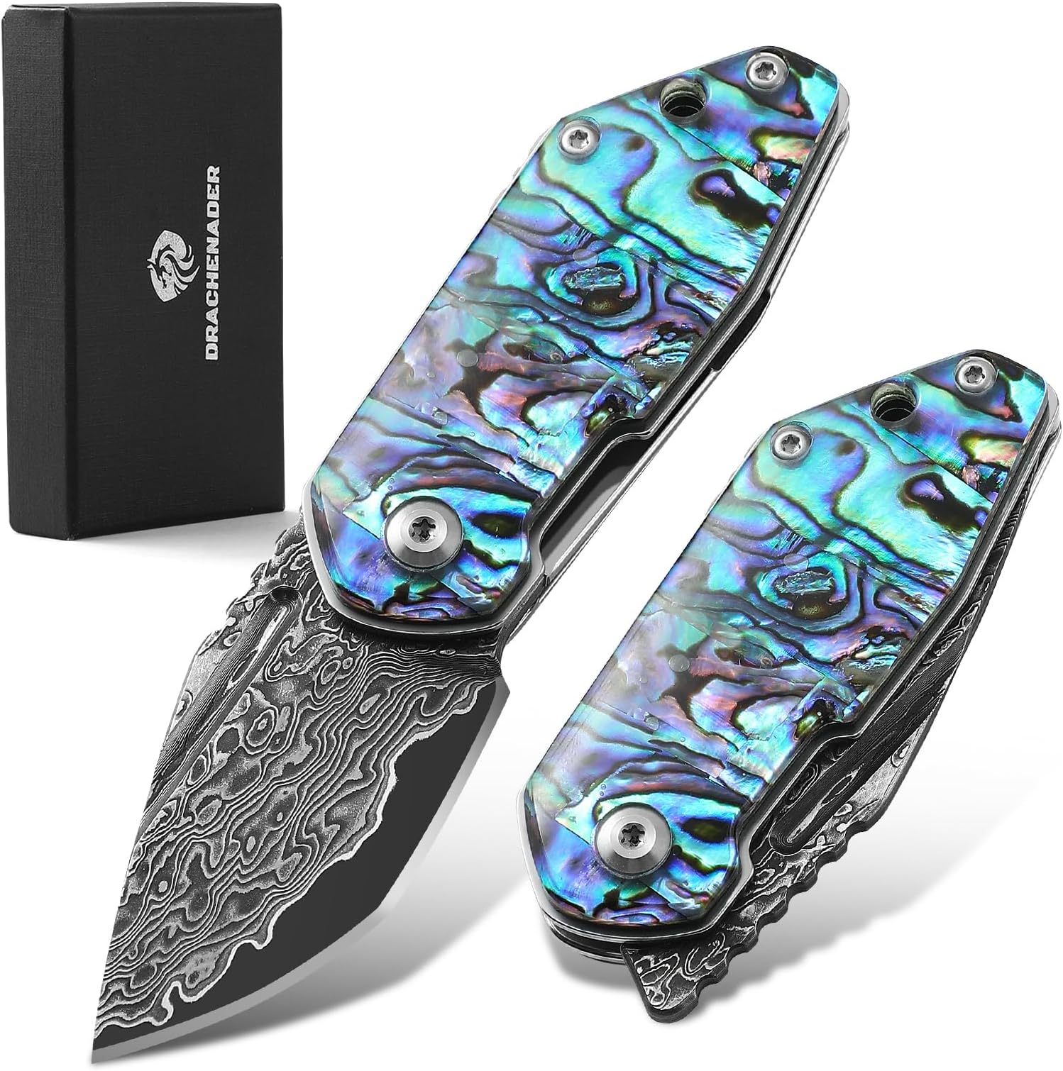 DRACHENADER Small Damascus Pocket Knife for Women and Men Abalone Knife Japanese Keychain Mini Pocket Knife Folding VG10 67 Layers Damascus Steel, birthday Gift Box Included