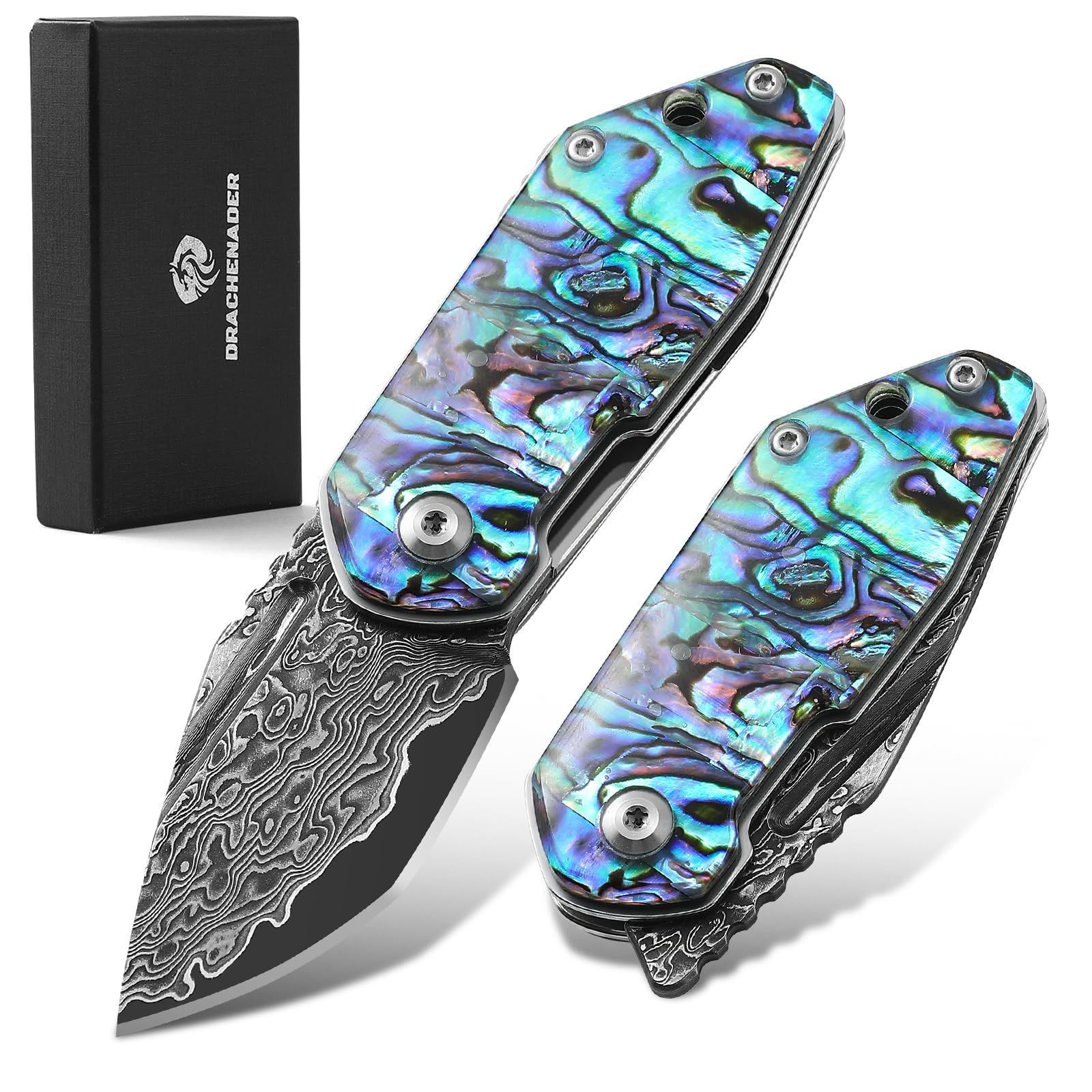 Small Damascus Pocket Knife for Women and Men Abalone Knife Japanese Keychain Mini Pocket Knife Folding VG10 67 Layers Damascus Steel, birthday Gift Box Included