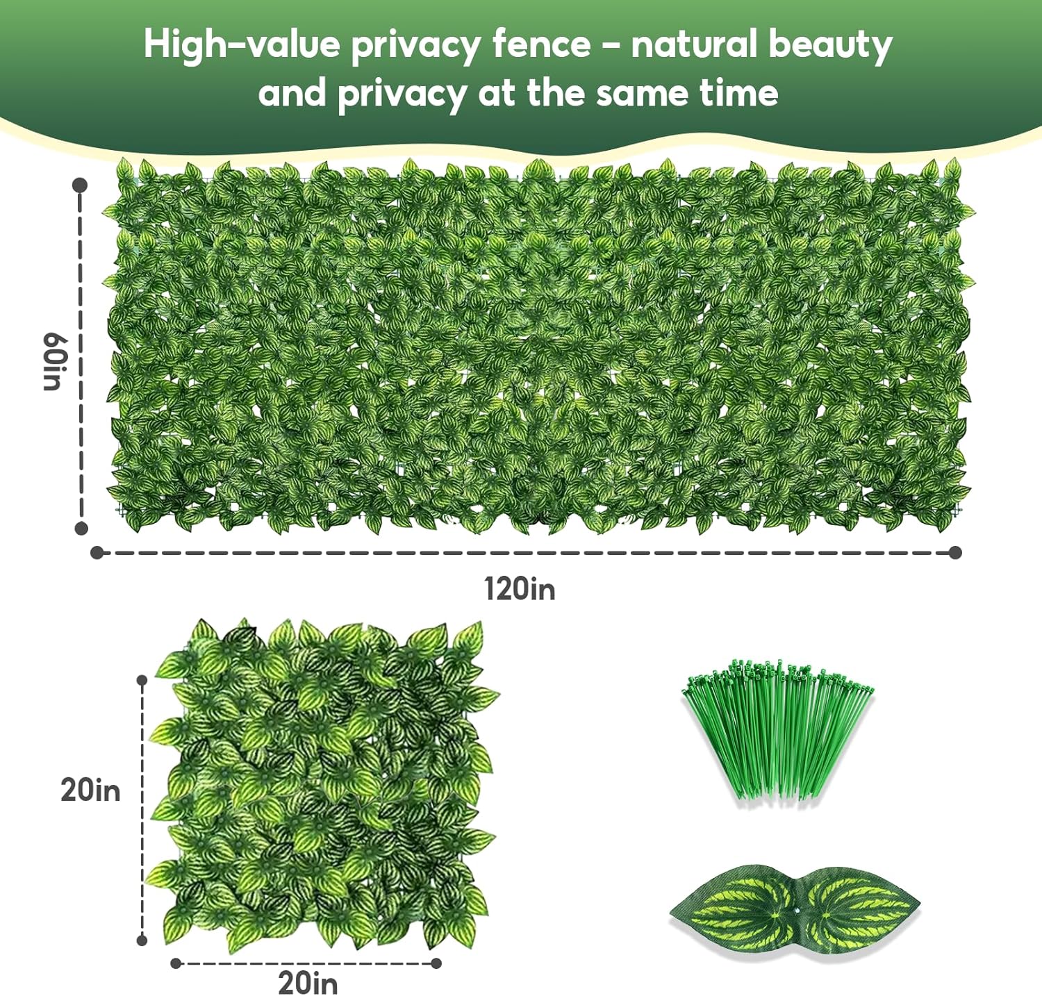 Artificial Ivy Privacy Fence Screen, 120x60 inch Artificial Hedge Grass Wall, Faux Ivy Fence Privacy Screen, Decoration for Patio, Balcony, Garden, Color Printing Watermelon Leaves