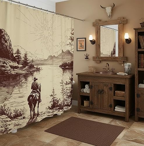 Miniatura 4 de DYNH Cortina de ducha de vaquero occidental, retro, campesino, salvaje, oeste, vaquero, caballo por el río, juego de cortina de ducha de tela