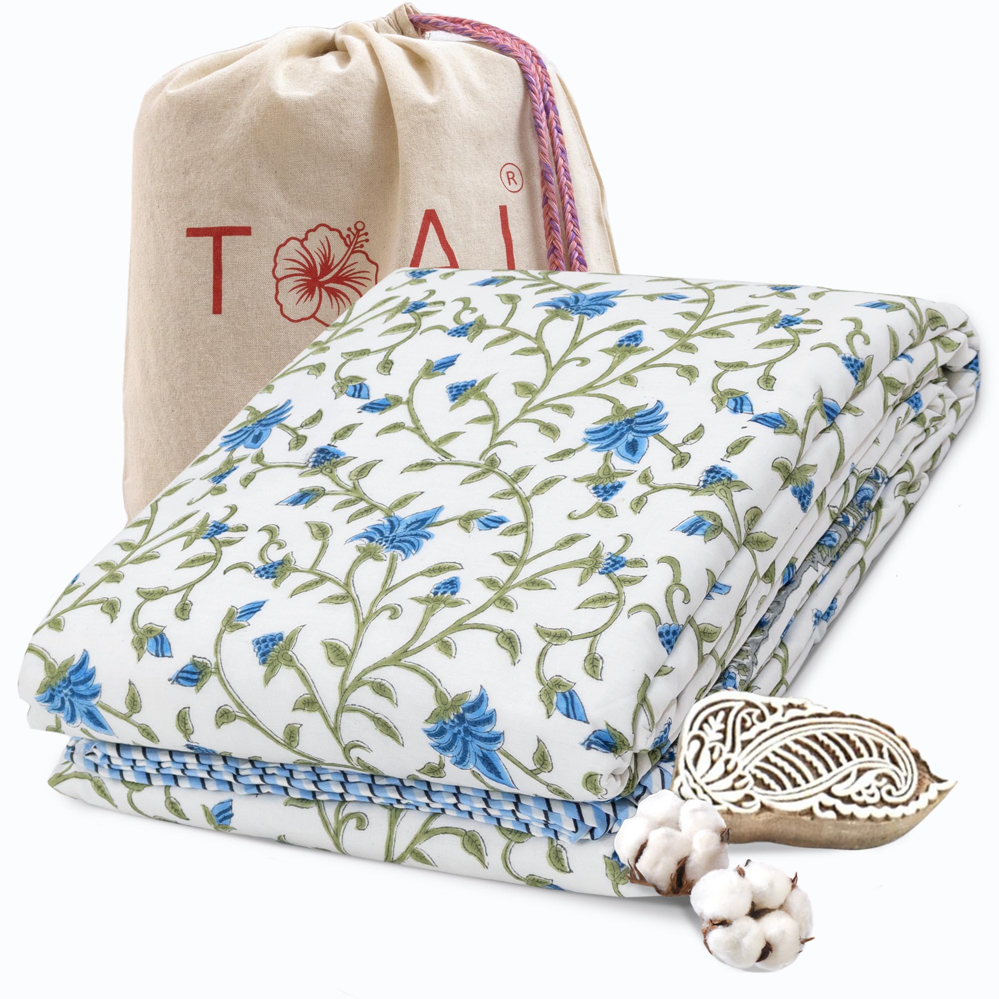 TOAIArt Premium Jaipuri Dohar | AC Blanket Summer Quilt | Hand Block Printed | 3 Layers | Reversible | 150GSM 100% Mulmul Cotton | 100% Cotton Flannel Filling | Single 60" X 90" |White Blue Florals-image-34