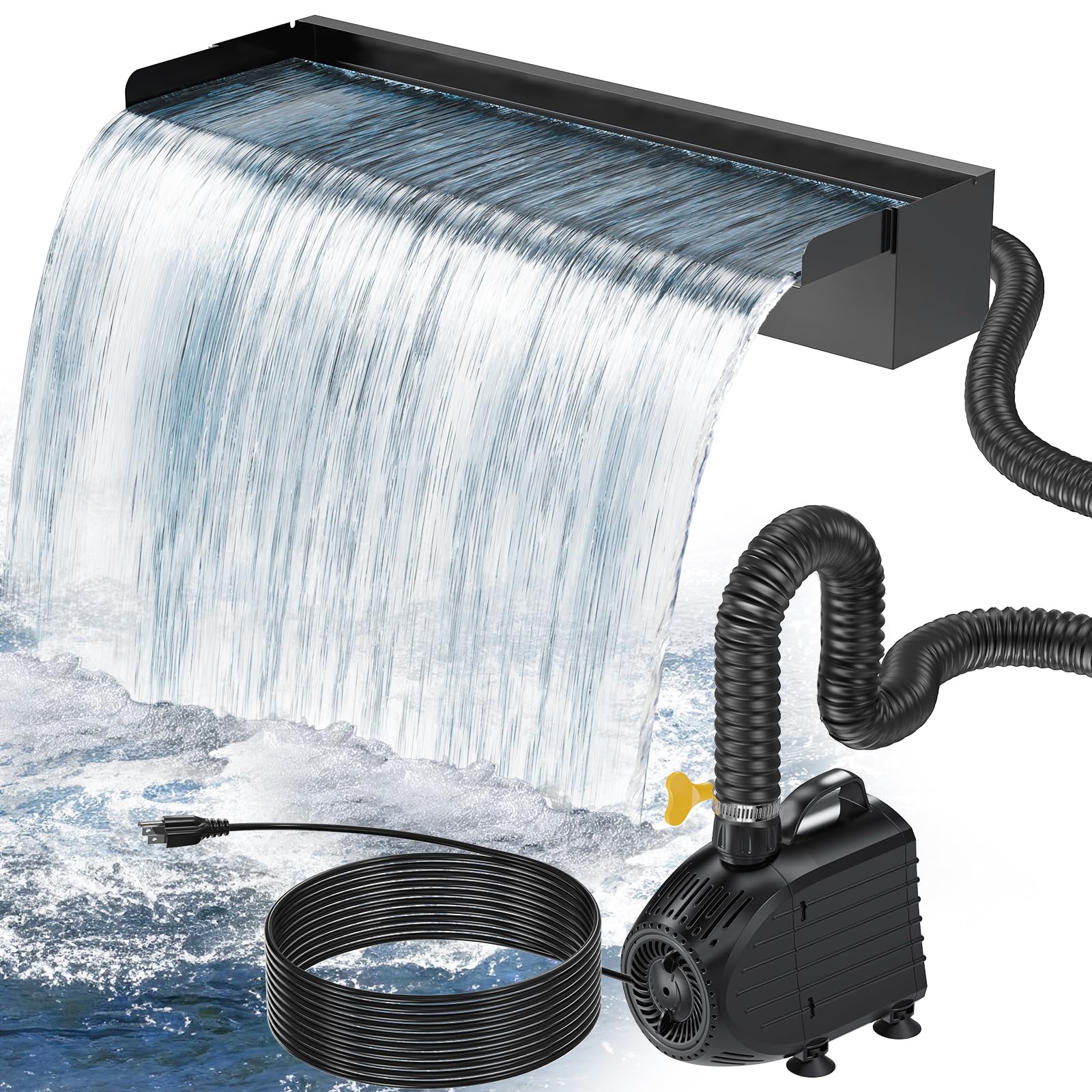 POPOSOAP 24 Inch Pond Waterfall Spillway with 1200GPH Pump, 304 Stainless Steel Pond Waterfall Kit with 9.8FT Corrugated Tube, Pond Waterfall Box for Outdoor Pond Waterfall System Garden Decor-P46