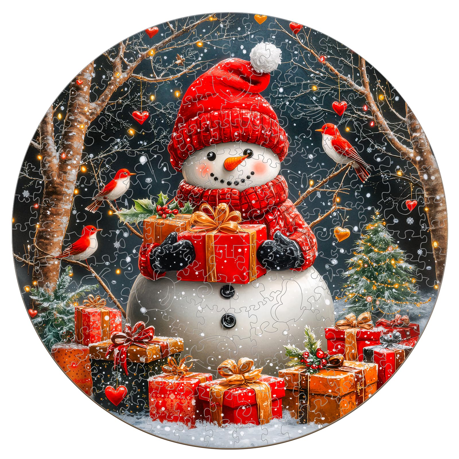 Puzzles de Noël en bois pour adultes – Bonhomme de neige | Pièces de puzzle en bois de forme unique, cadeaux ronds en bois pour les amateurs de puzzle, la famille (34 x 34 cm