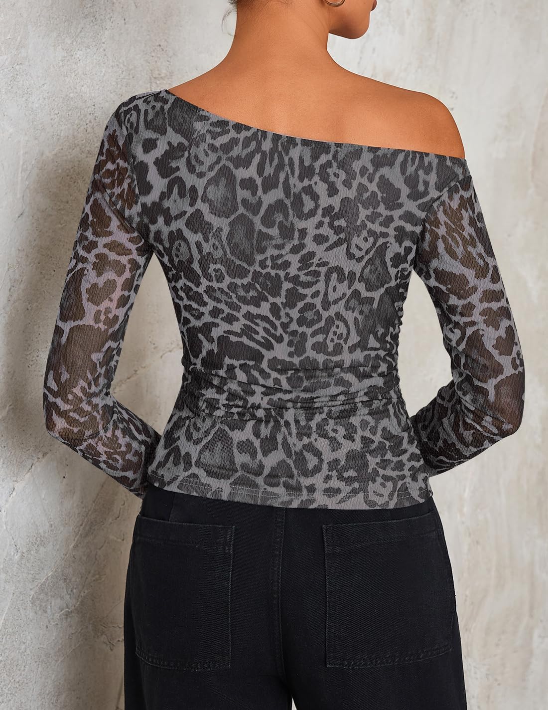 ZESICA Women's Floral Off Shoulder Long Sleeve Tops 2026 Spring Mesh Ruched Fitted Trendy Going Out Shirts Blouses - Image 4