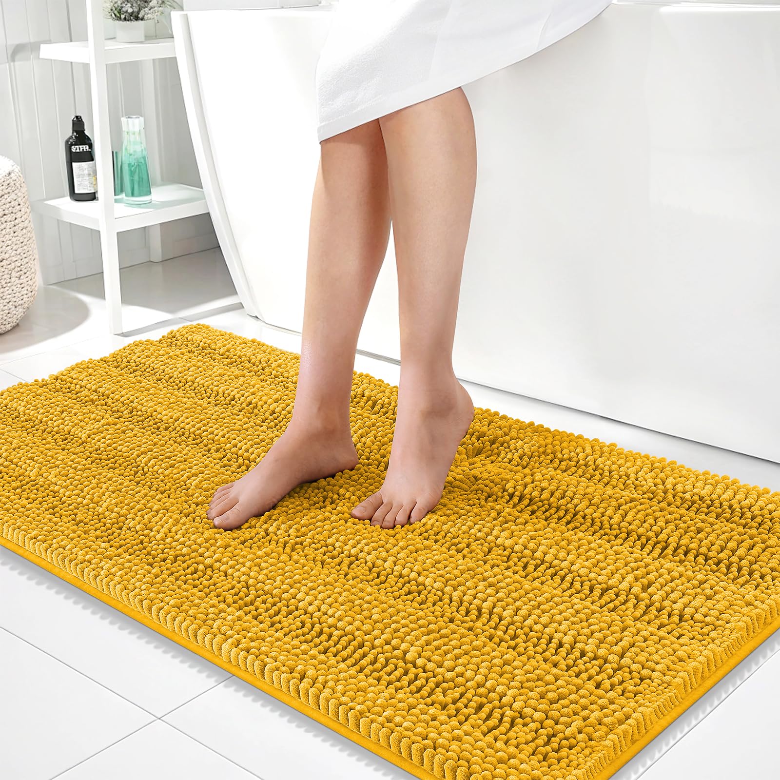 OLANLY Thick Bathroom Runner Rugs 44x24, Chenille Bath Rugs, Golden Yellow