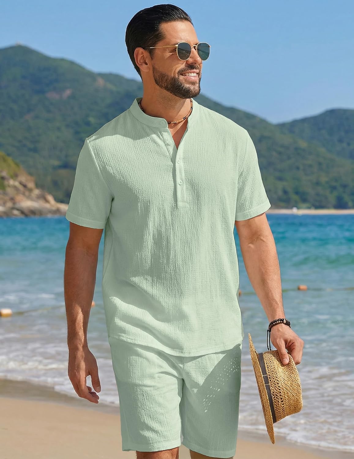 COOFANDY Men's 2 Piece Summer Beach Outfits, Textured Casual Henley Shirt and Shorts Set - Image 2