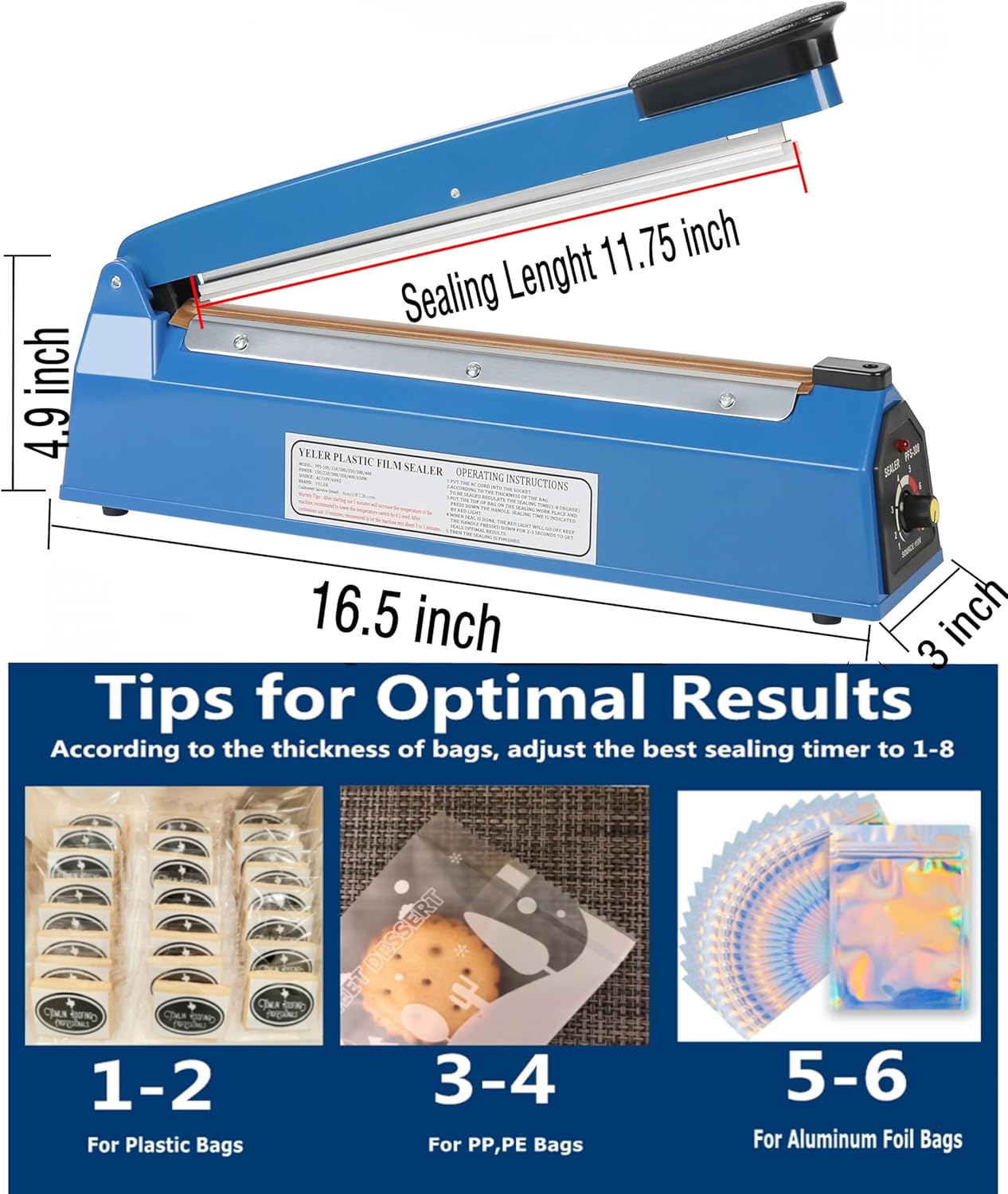 12 Inch Impulse Heat Sealer Yeler Impulse Bag Sealer Manual Poly Bag Heat Sealer Machine for Plastic Bags PE PP Bags Extra Replace Element Grip(Blue)