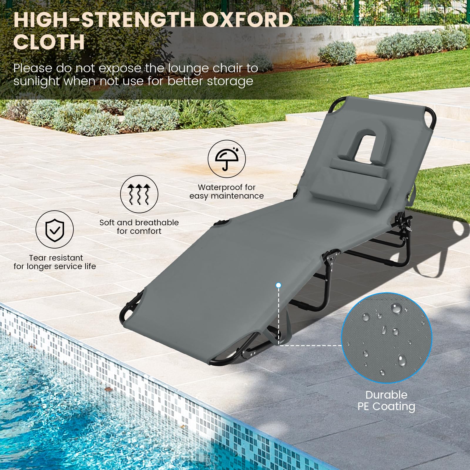 GIANTEX Chaise Longue Pliante pour Bronzage, Charge 160 kg, Dossier Réglable à 5 Positions, Repose-Pieds à 2 Positions, Bain de Soleil, Trou pour Visage, Transat Jardin pour Piscine, Plage, Gris