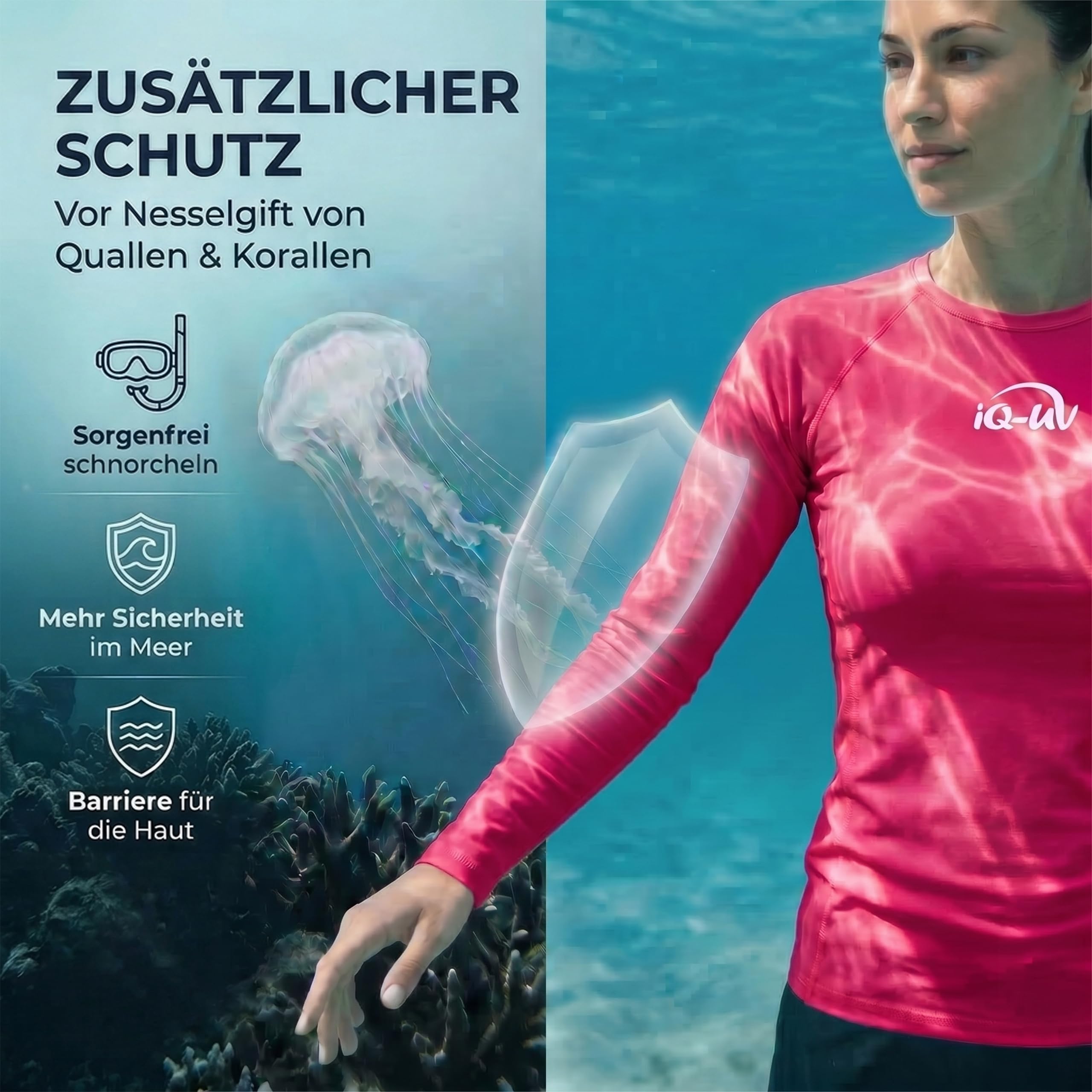 iQ-UV Sportshirt Damen Langarm – Elastisches UV Shirt für Damen für Wasser & Sport – Rash Guard mit UV-Schutz – Langarm Sportshirt für Frauen – Ideal zum Sport Machen oder Schwimmen