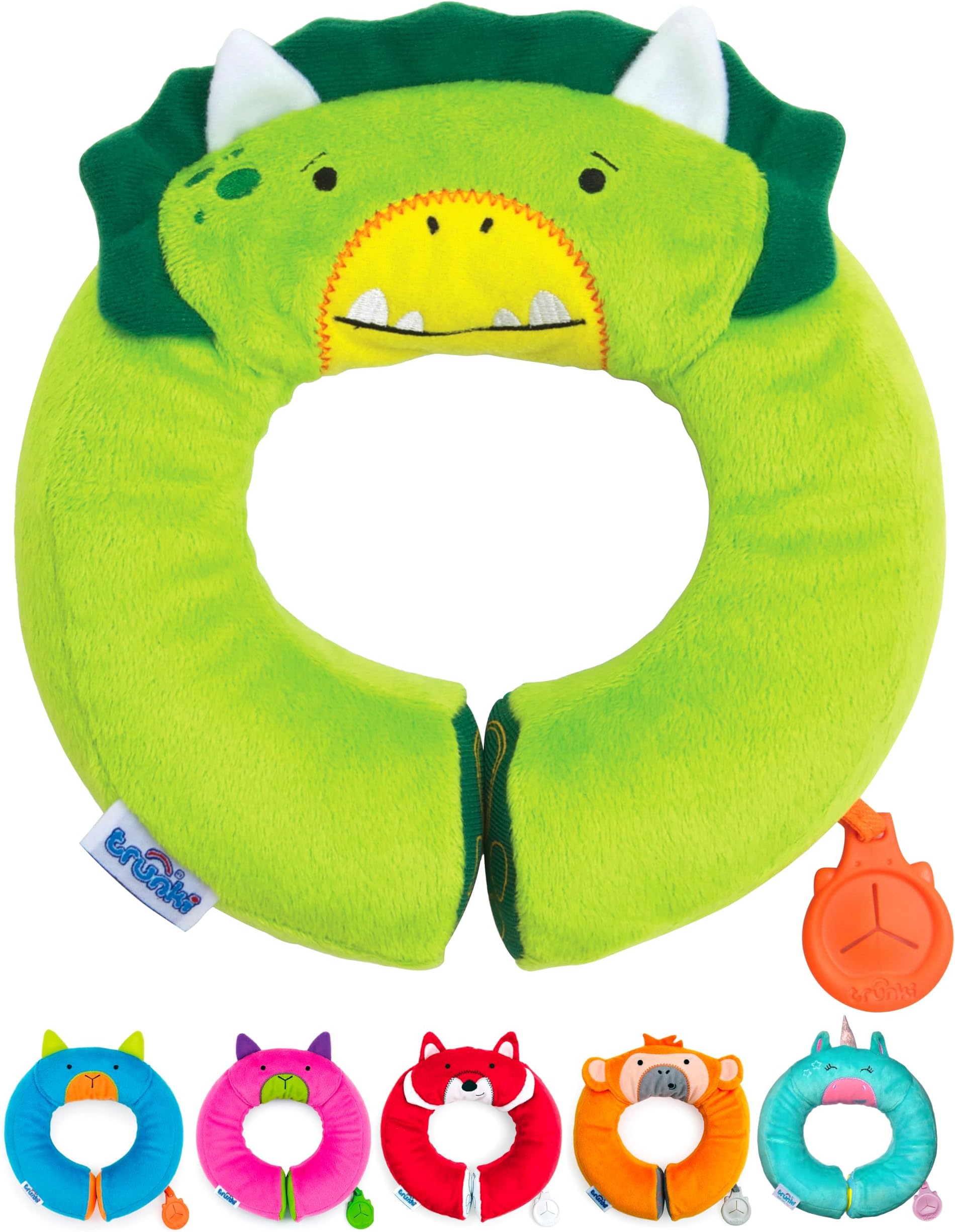 Trunki Kid's Travel Neck Pillow and Chin Rest | Support Sleepy Heads in The Car Seat, Plane, Bike or Pram | Yondi Small Dudley Dinosaur (Green)