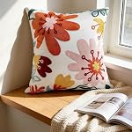 Embroidered 3D Flower Throw Pillow Cover - 18x18 Outdoor Decorative Pillow Covers with Zipper for Couch Sofa Bedroom Aesthetic Multicolor Flowers Soft Cozy Cotton Pillowcase Covers