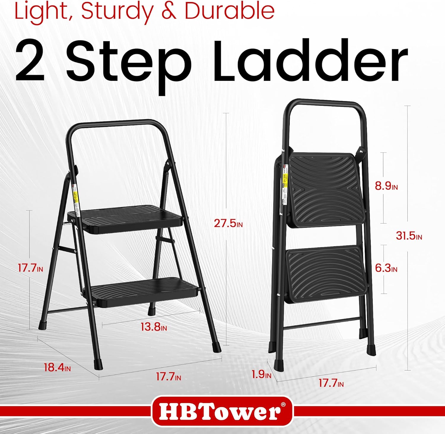 HBtower 2 Step Ladder, Step Stool with Wide Anti-Slip Pedal, Step Ladder Folding Step Stool for Adults, Lightweight Steel Portable ladders for Home Kitchen