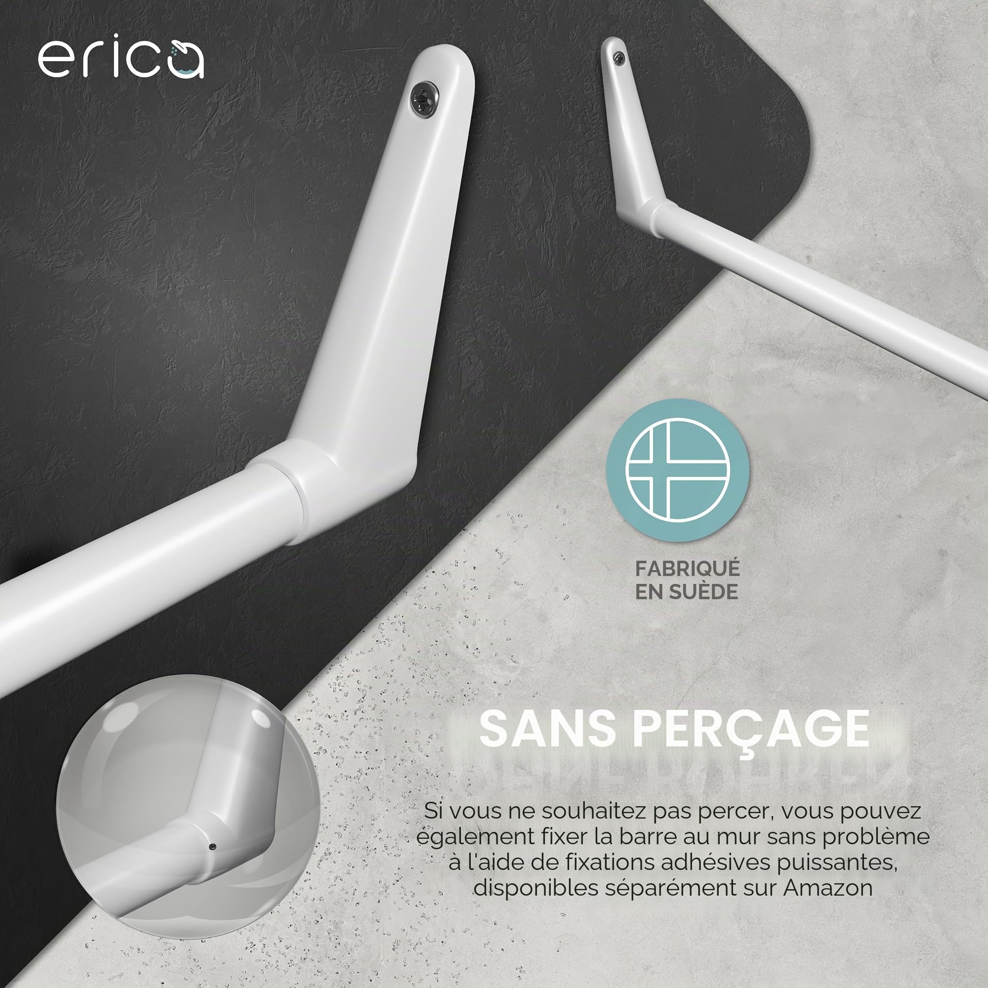 Erica Tringles de Rideau de Douche en U - 85x95x85 cm, Barre de Rideau de Douche Murale sans Fixation au Plafond - Revêtement Plastique sans PVC, Tringle de Douche 100% Inoxydable. Blanc.
