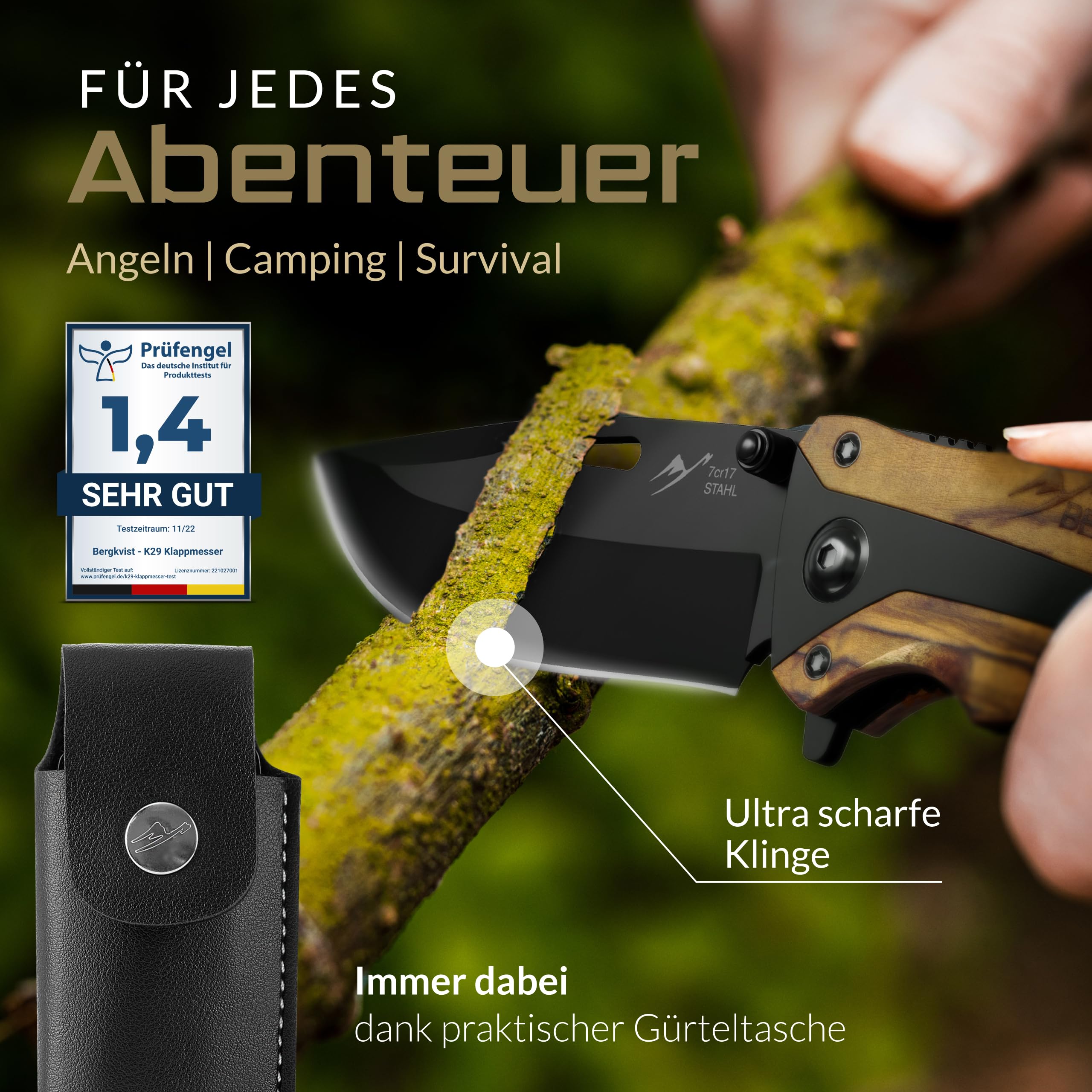 BERGKVIST® K29 Klappmesser Tiger (Einhandmesser) - 3-in-1 Taschenmesser aus Echtholz für Outdoor, Camping & Survival - ausgezeichnet mit dem Bronze A' Design Award 2021 - inkl. Feuerstahl & Tasche