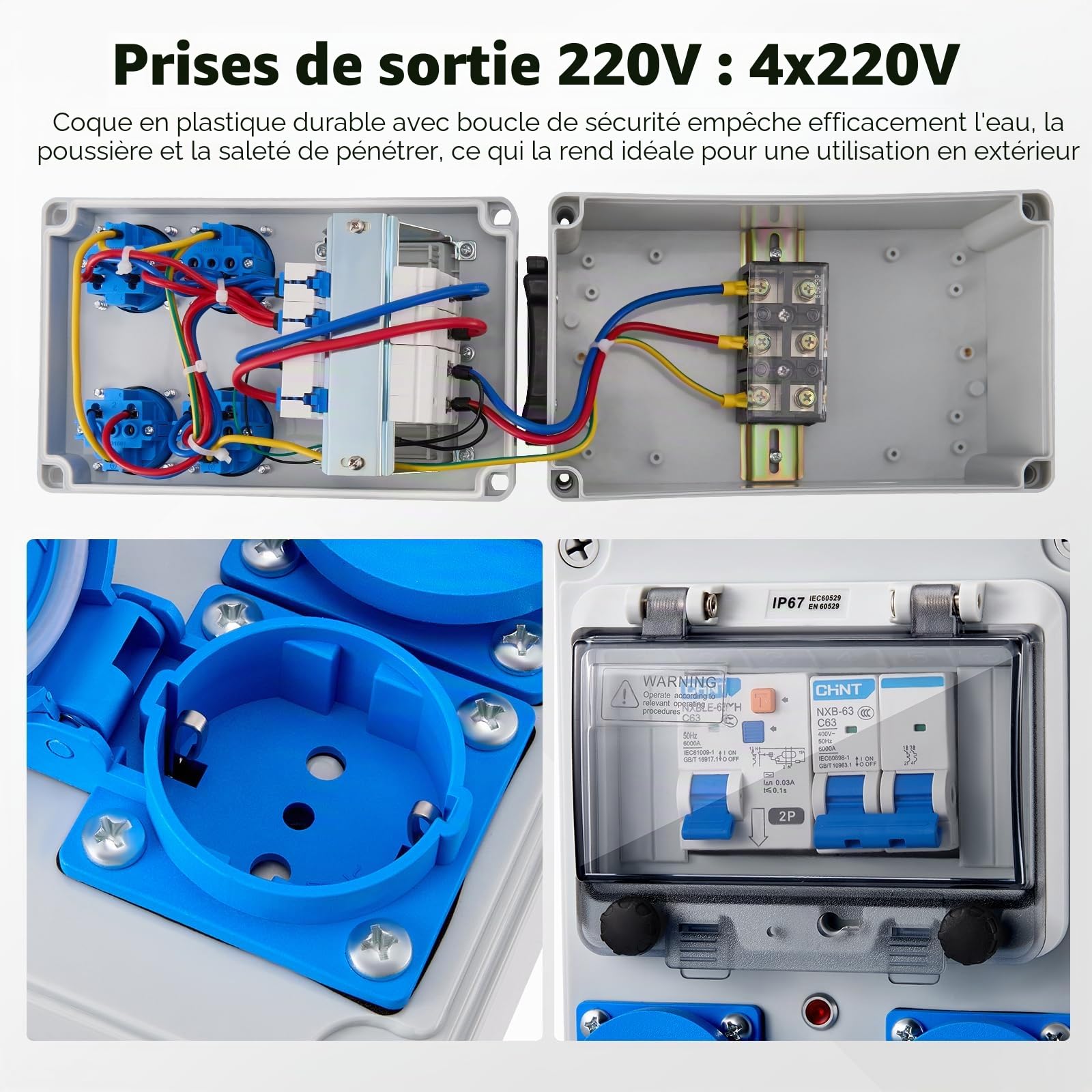 Coffret Électrique de Chantier 230 V, IP67 16A Coffret Chantier Répartiteur Mural avec Disjoncteur, Répartiteur de Courant 16A Distributeur de Courant Électrique avec Disjoncteur Coffret Chantier