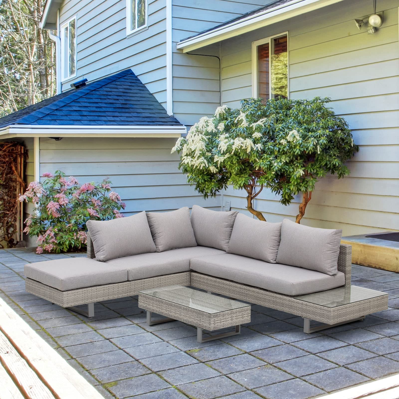 Outsunny Salon de Jardin extérieur d'angle 5 Places Design Contemporain Coussins déhoussables Table Basse Acier époxy résine tressée Grise