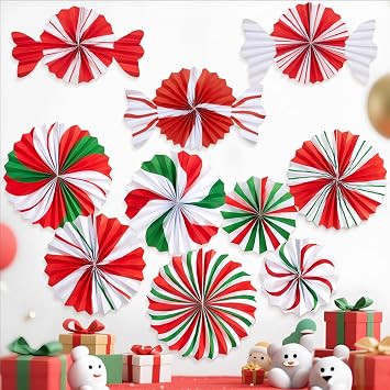SUNBEAUTY Christmas Hanging Paper Fans Decoration Candy Peppermint Paper Christmas Decoration Candy Party Classroom Decor White and Red Xmas Ceiling Birthday Party Bulletin Board Office Decor