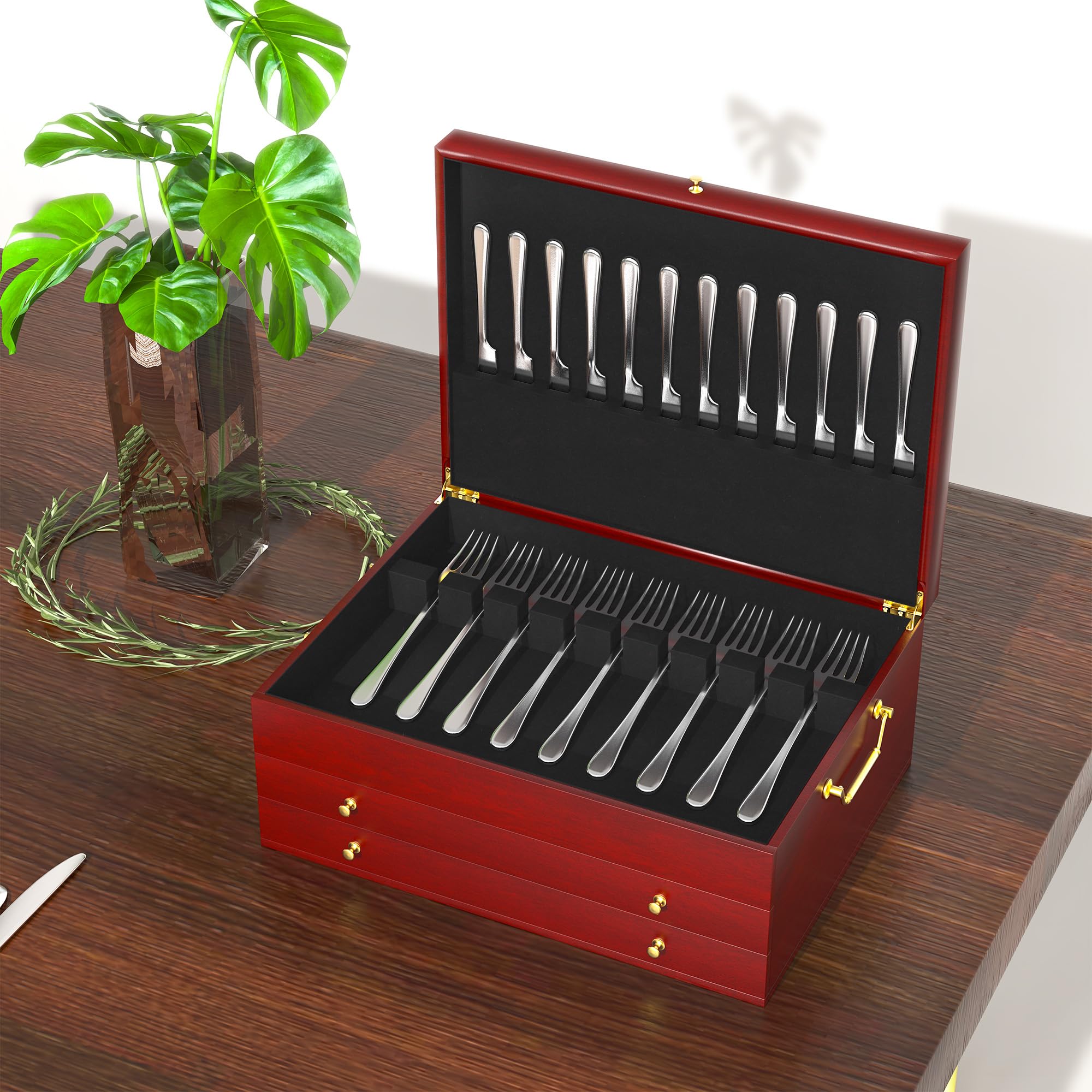 Besteck-Aufbewahrungsbox, 3-lagig, Holz, Bestecktruhe, 38,1 x 27,9 cm, Besteck-Aufbewahrungsbox mit Griff und Filzfutter, luxuriöses Dekor zur Aufbewahrung von Bestecksets aus Sterlingsilber für