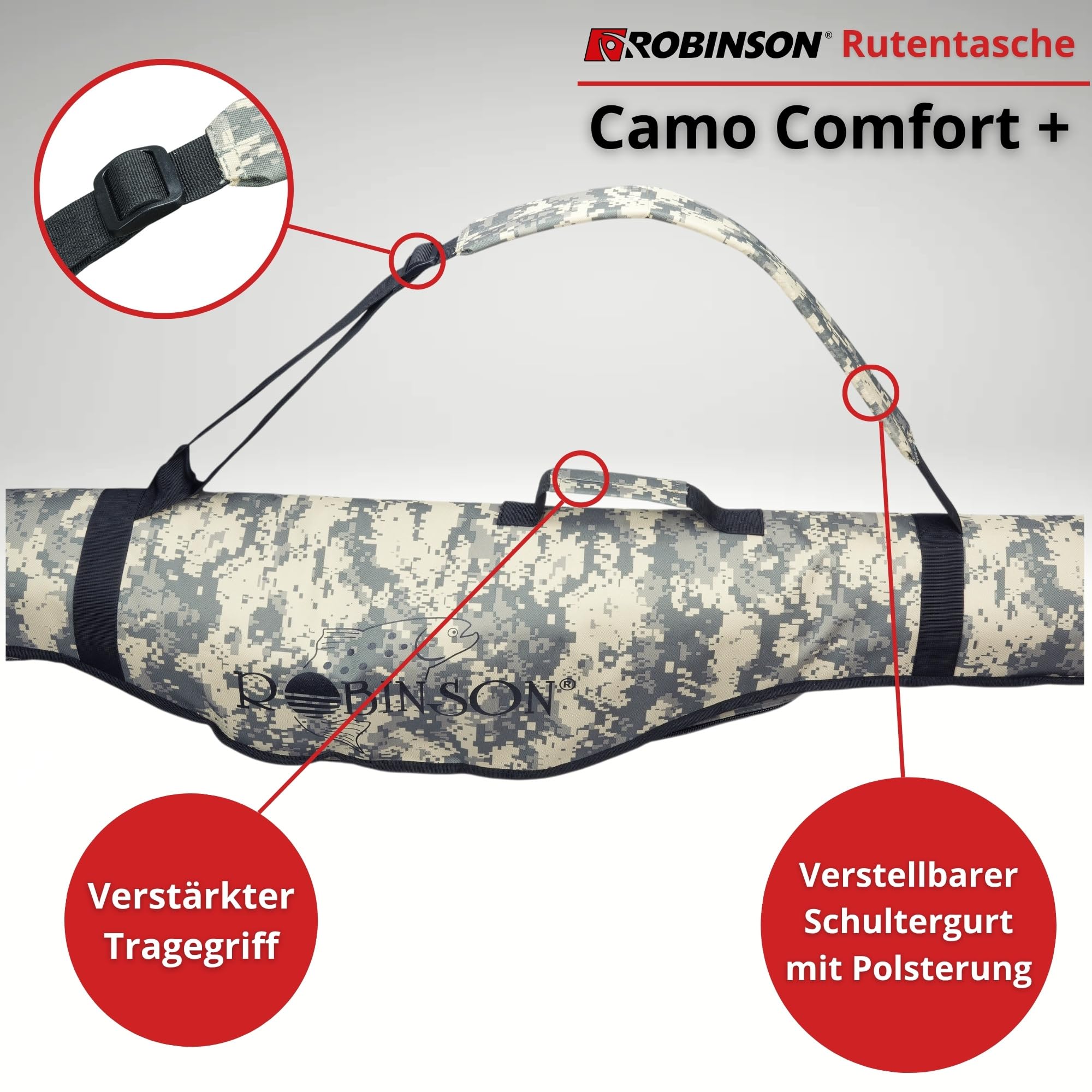 Robinson Rutentasche 1,5m - Angelrutentasche mit Rollenschutz - 2 Fächer verstärkt für Street Fishing und Spinnfischen, professioneller Rutenfutteral - Camo Comfort