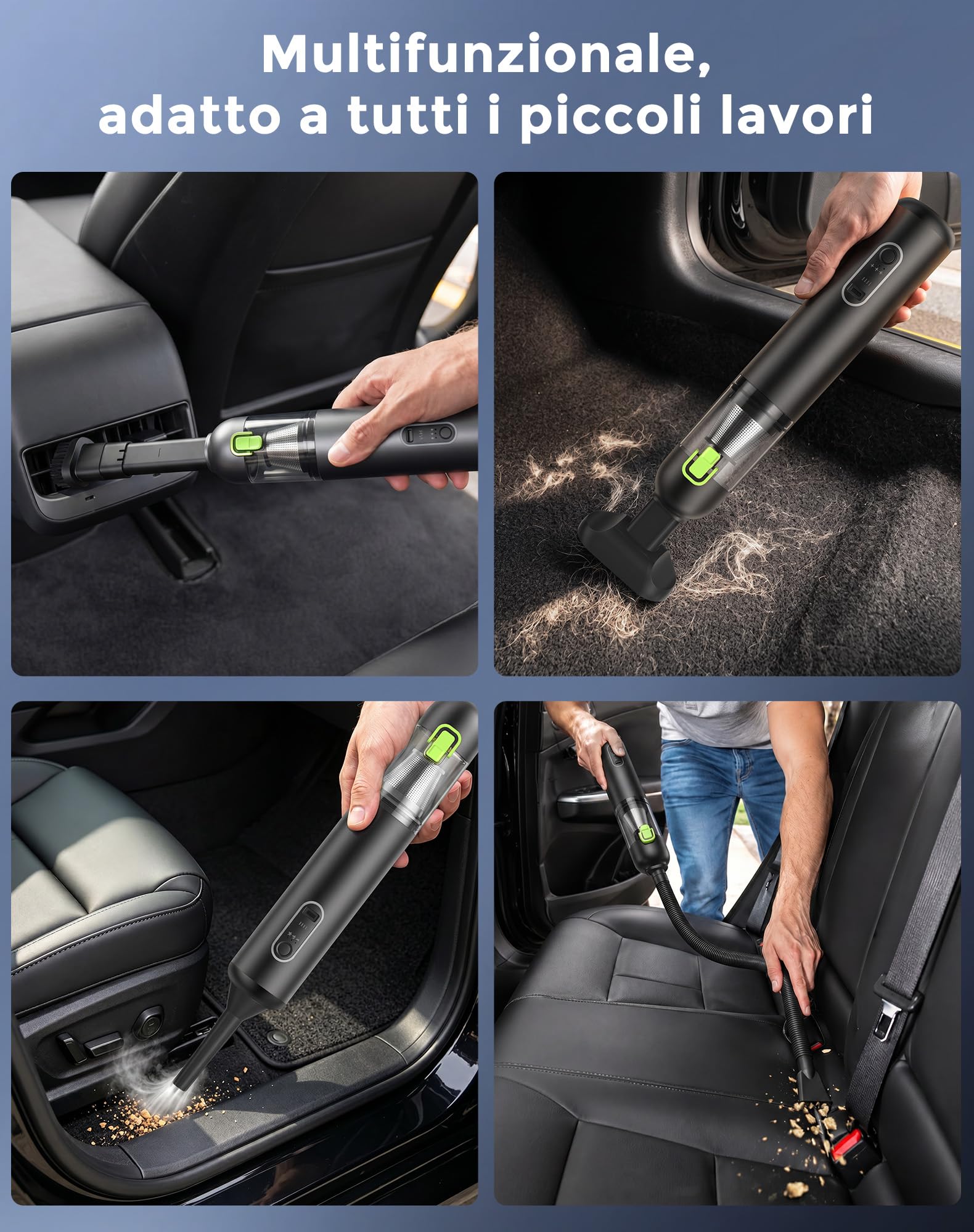 Aspirapolvere Auto, 20000 Pa Aspirabriciole senza Fili, 3 velocità regolabili, Ricca rapida Type-C Aspirapolvere Portatile, 4 in 1 Aspirazione/Soffiaggio/Gonfiaggio/Pompaggio Verde