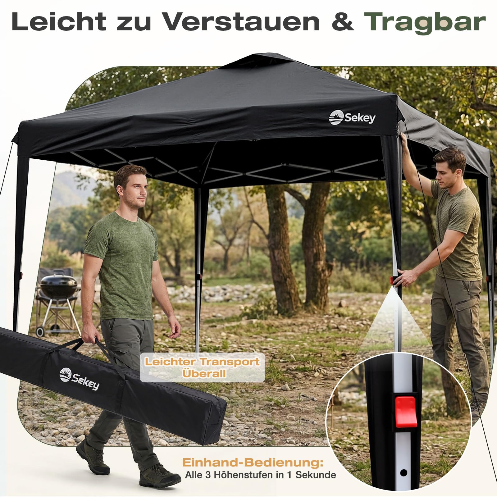 Sekey Tonnelle Pop-up 3 x 3 m, étanche, Stable, résistante à l'hiver, Pliable, 3 x 3 m, avec parois latérales, Hauteur réglable en 3 Niveaux (Noir, 3x3 avec parois latérales)