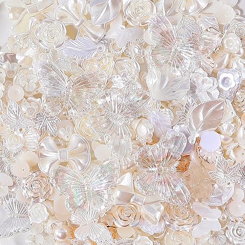 250 cuentas de resina 3D con parte trasera plana, lazos de flores de resina blanca, cuentas de mariposa con perlas planas redondas para hacer