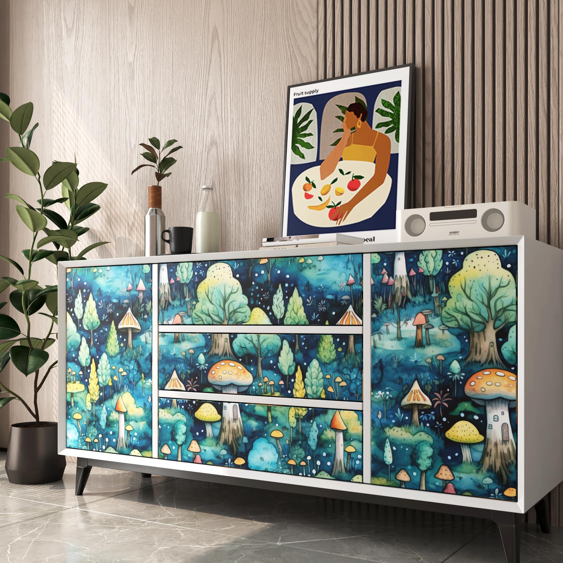FunStick 44.5CMx9M Carta da Parati Adesiva Muro Bagno Foglie Verdi e Blu Carta da Parati Bambini Cameretta Soggiorno Funghi Foresta Impermeabile Pellicola per Armadio Adesiva Verde Blu Funghi Boemia