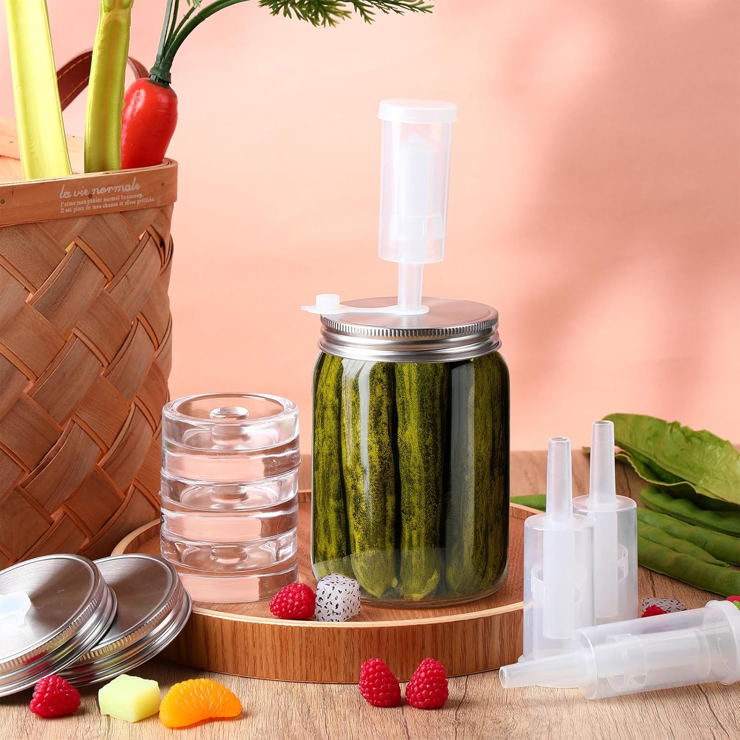 8 Set Fermentation Kit for Wide Mouth Mason Jar Pickling Sauerkraut Kit with 8 Airlocks, 8 Fermenting Lids, 8 Glass Weights, 8 Silicone Rings & Grommets (Jars Not Included) - Image 7