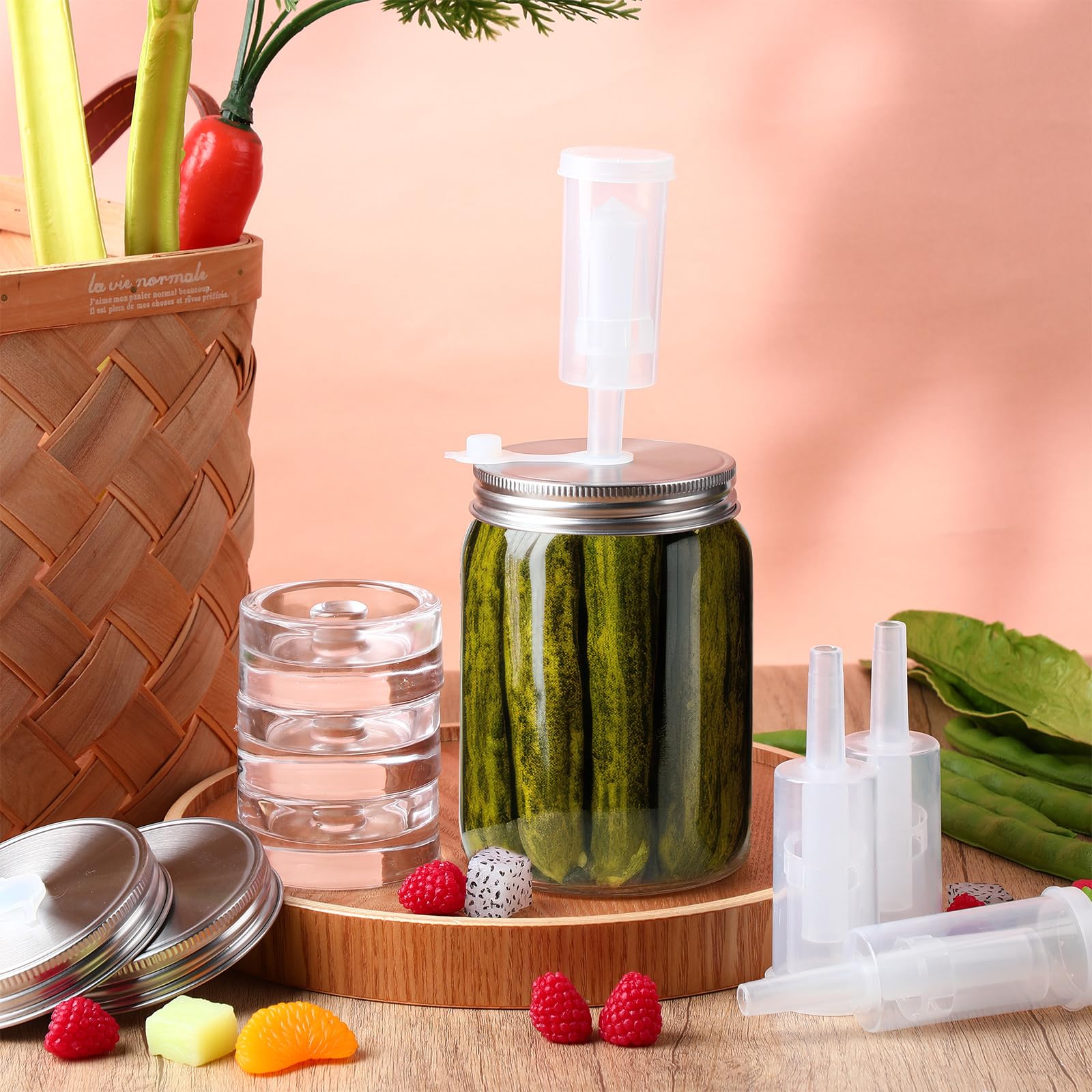 8-teiliges Fermentationsset für Einmachgläser mit breiter Öffnung, Sauerkraut-Set mit 8 Luftschlössern, 8 Gärdeckeln, 8 Glasgewichten, 8 Silikonringen und Ösen (Gläser nicht im Lieferumfang