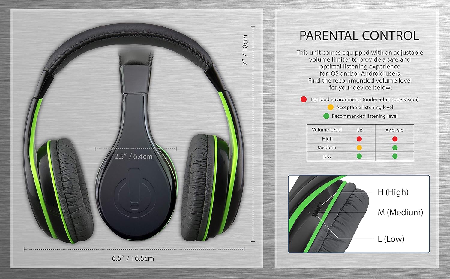 Diagram showing headphone dimensions and parental volume control settings for iOS and Android devices.