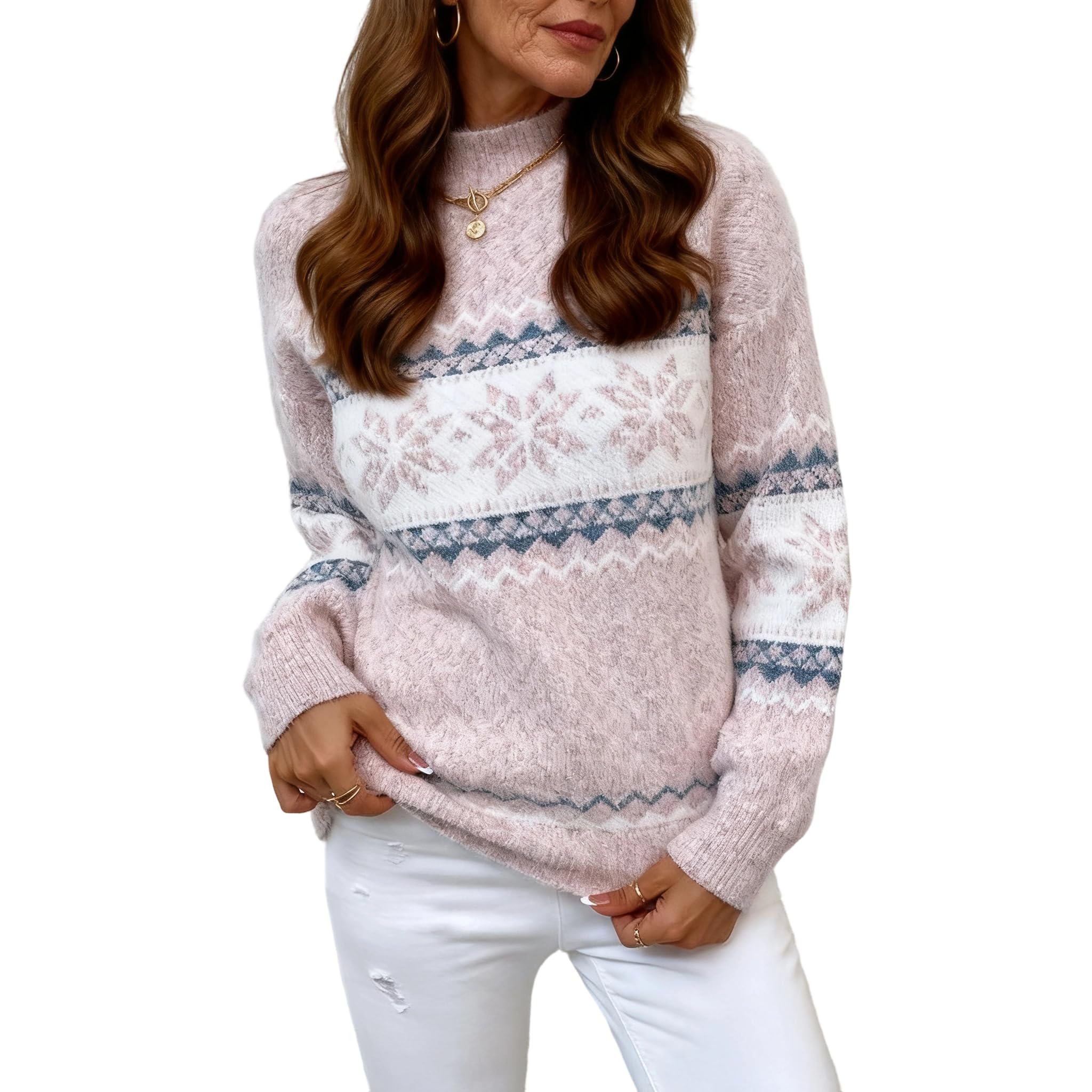 Womens Oversized Fair Isle Long Sleeve Snowflake Knit Sweater Winter Warm Mock Neck Pullover Casual Holiday Tops