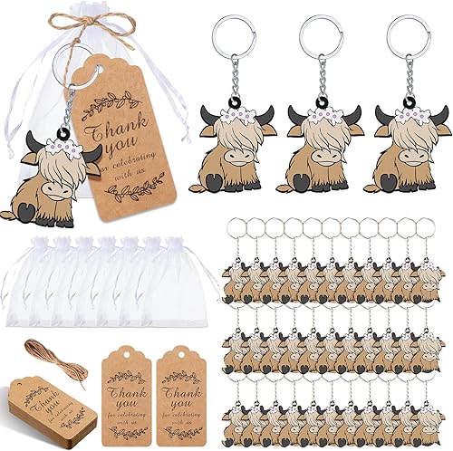 Kigeli 36 juegos de llaveros de fiesta de vaca de las tierras altas para niños con bolsas de organza, etiquetas de agradecimiento, regalos de