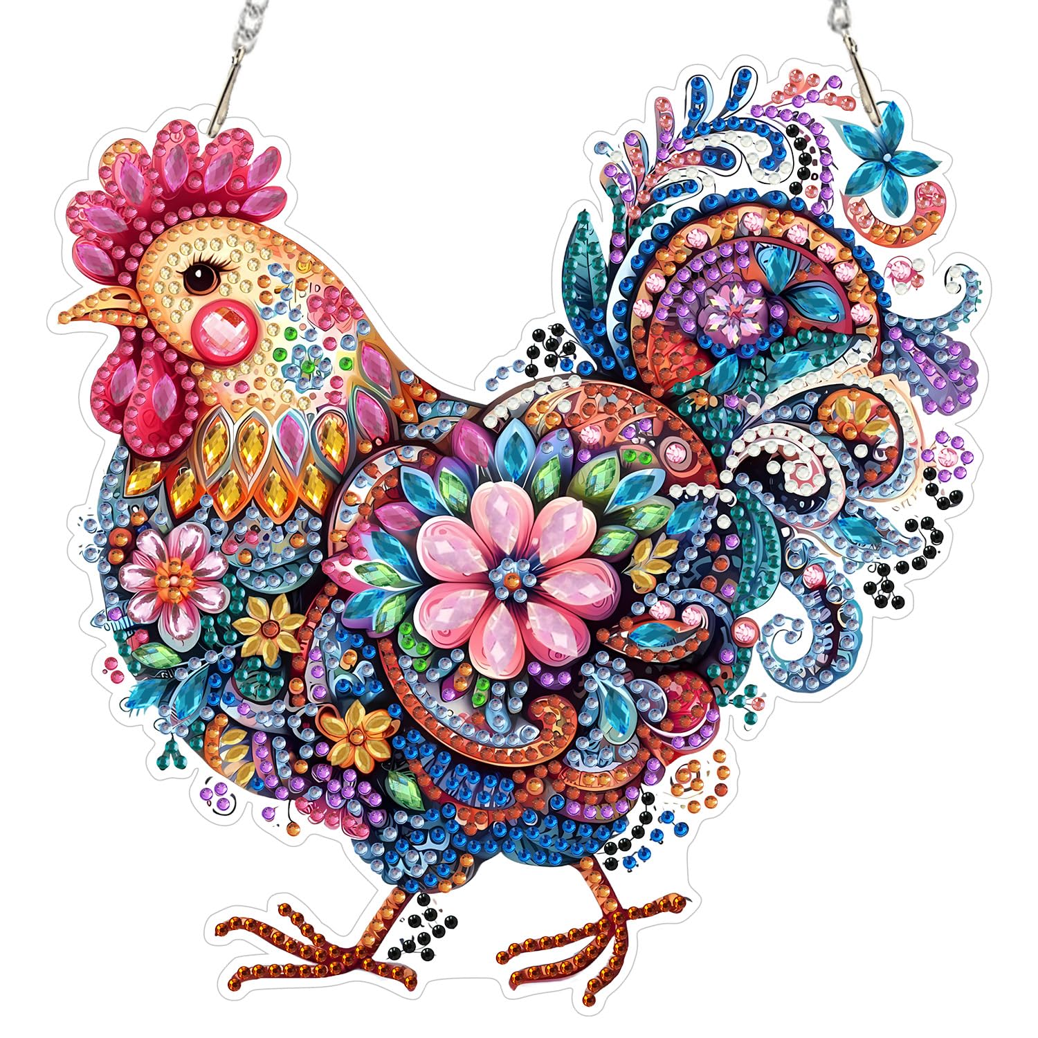 MAXBYE Diamond Painting Art Hanging Pendant Kits, Rooster Diamond Painting Ornaments for Adults, DIY Flowers Double-Sided Gem Special Shaped Hanging Art Craft Decor Home Wall & Window 20x20cm