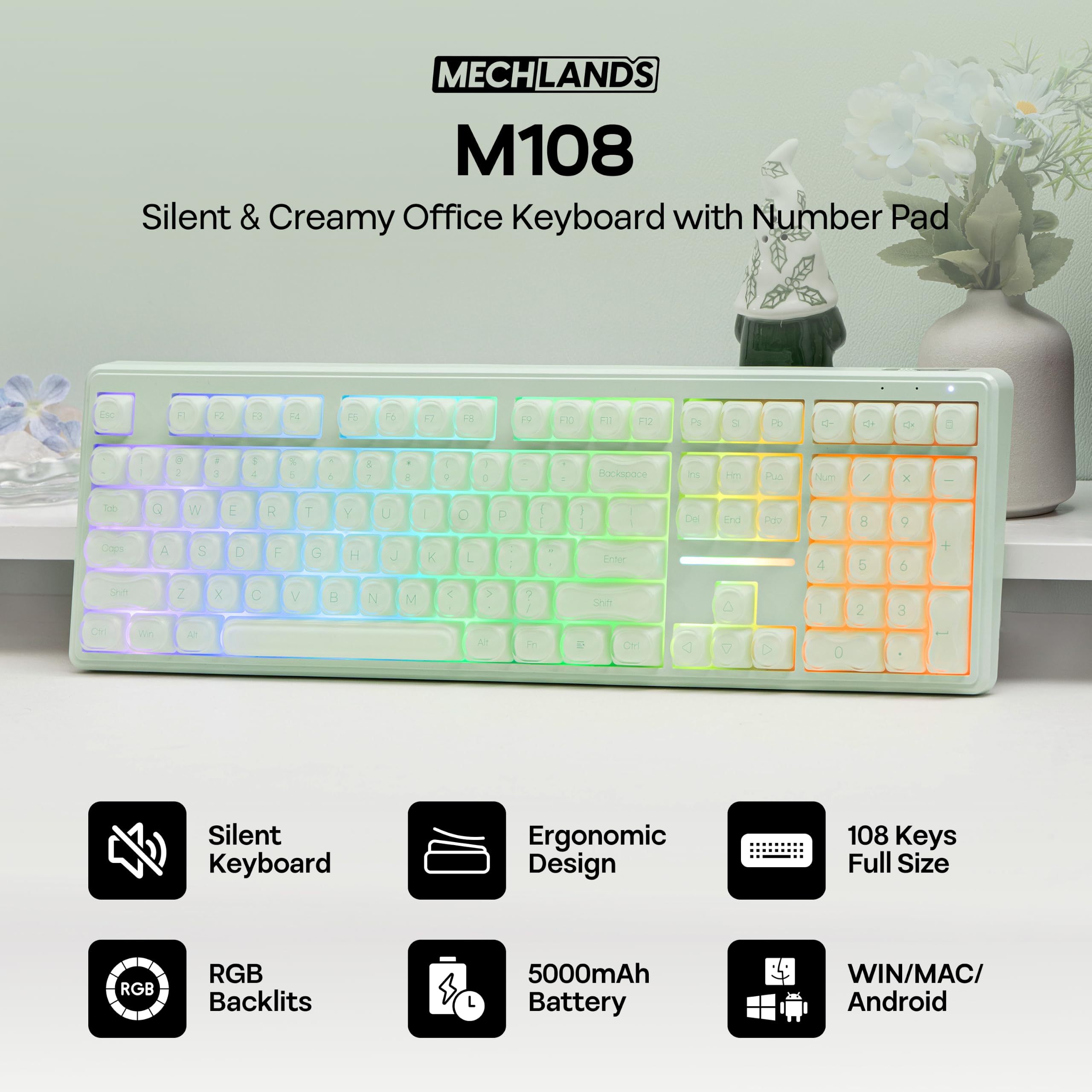 MechLands M108 tastiera full size 100% con tastierino, membrana morbida, wireless 3 modalità, batteria 5000mAh, tasti PBT, RGB, rollover 26 tasti. Compatibile Win/Mac, per gaming e ufficio (Verde)