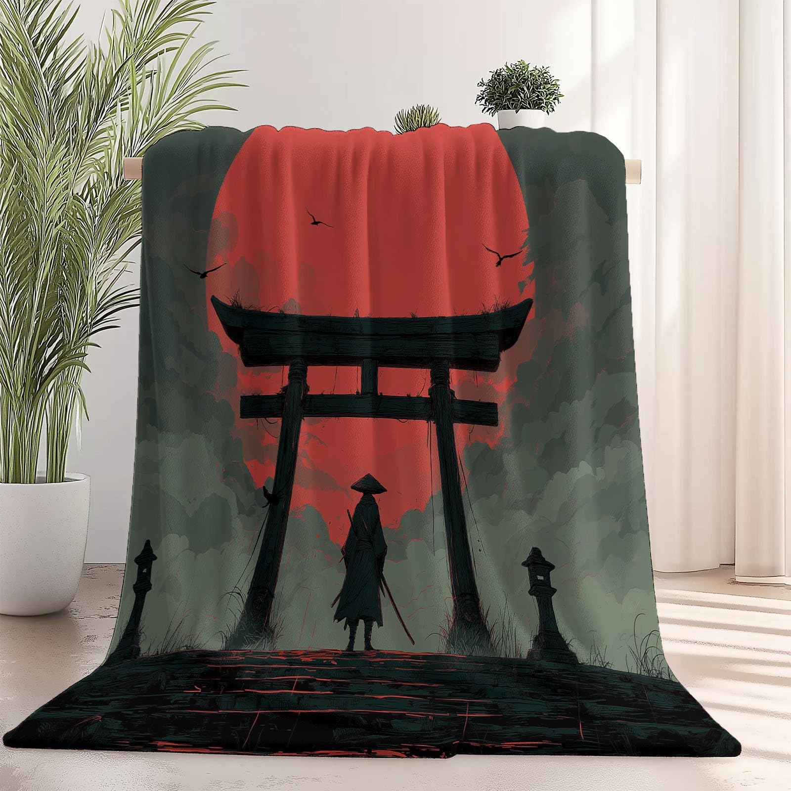 Army Green Koce i Pledy z nadrukiem - Anime Tajemnica Samuraj Torii Koce Polarowe Miękkie Przytulne, Ciepłe Flanelowe Dla Dziewcząt Dzieci Dorosłych Sofa Podróżna 150 x 200 cm