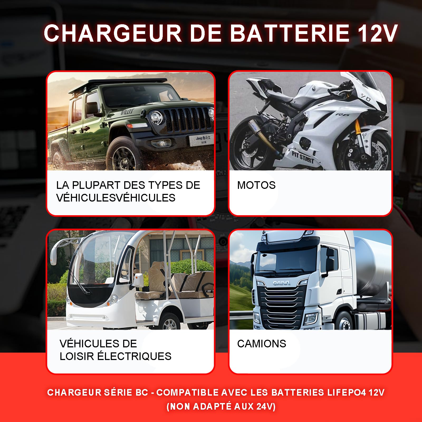 Yinleader Cargador de batería de coche, 30 A, 12 V/24 V, totalmente automático, con pantalla LCD, modo de reparación para AGM Gel LiFePO4 plomo-ácido