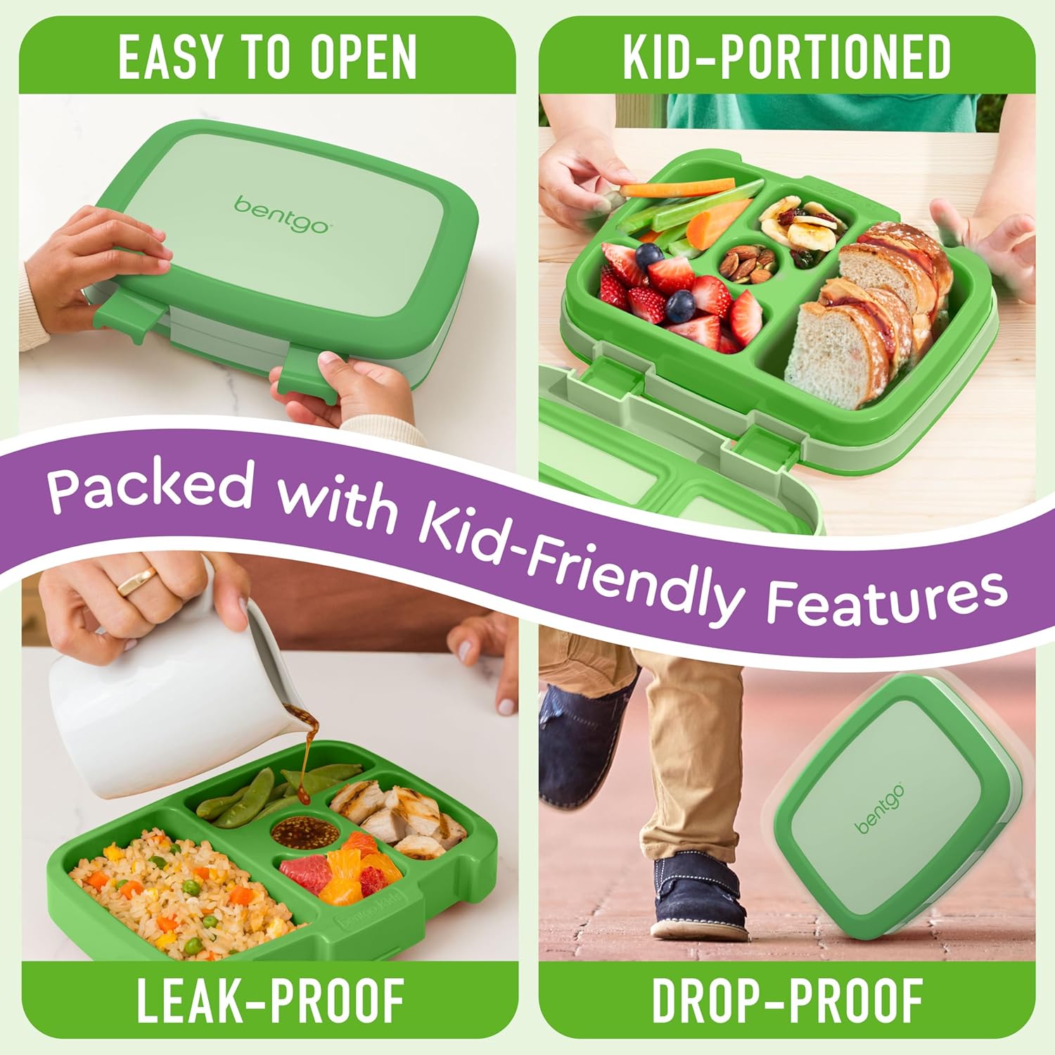 Bentgo Kids Bento-Style 5-Compartment Leak-Proof Lunch Box - Ideal Portion Sizes for Ages 3 to 7 - Durable, Drop-Proof, Dishwasher Safe, PFAS & BPA-Free & Made with Food-Safe Materials (Green) - Image 4