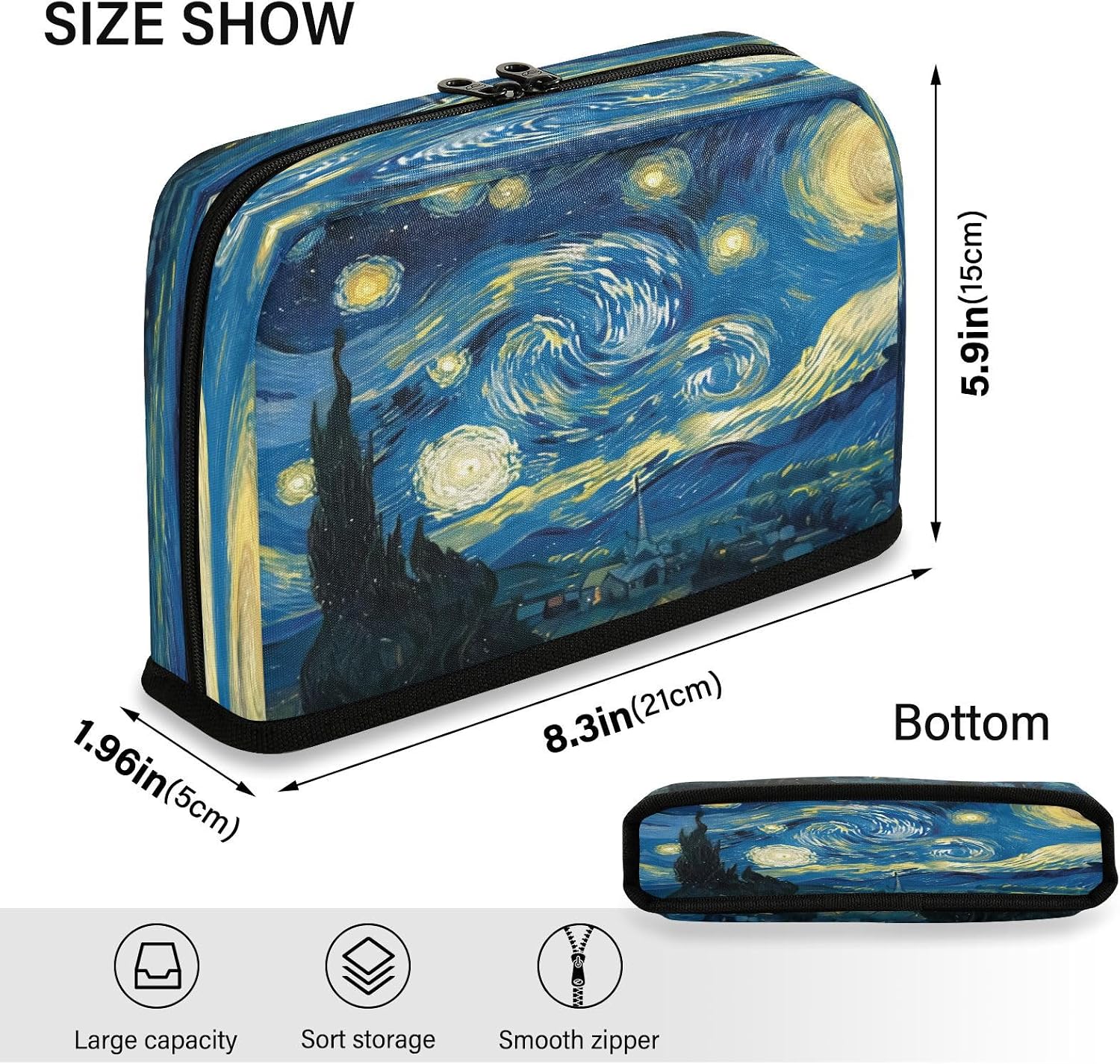The Starry Night Art Pencil Case Organizer, Large Capacity Stand-Up Pen Pouch with 3 Compartments, Foldable Makeup Bag for School Office Travel Supplies, 8.3 x 5.9 Inch