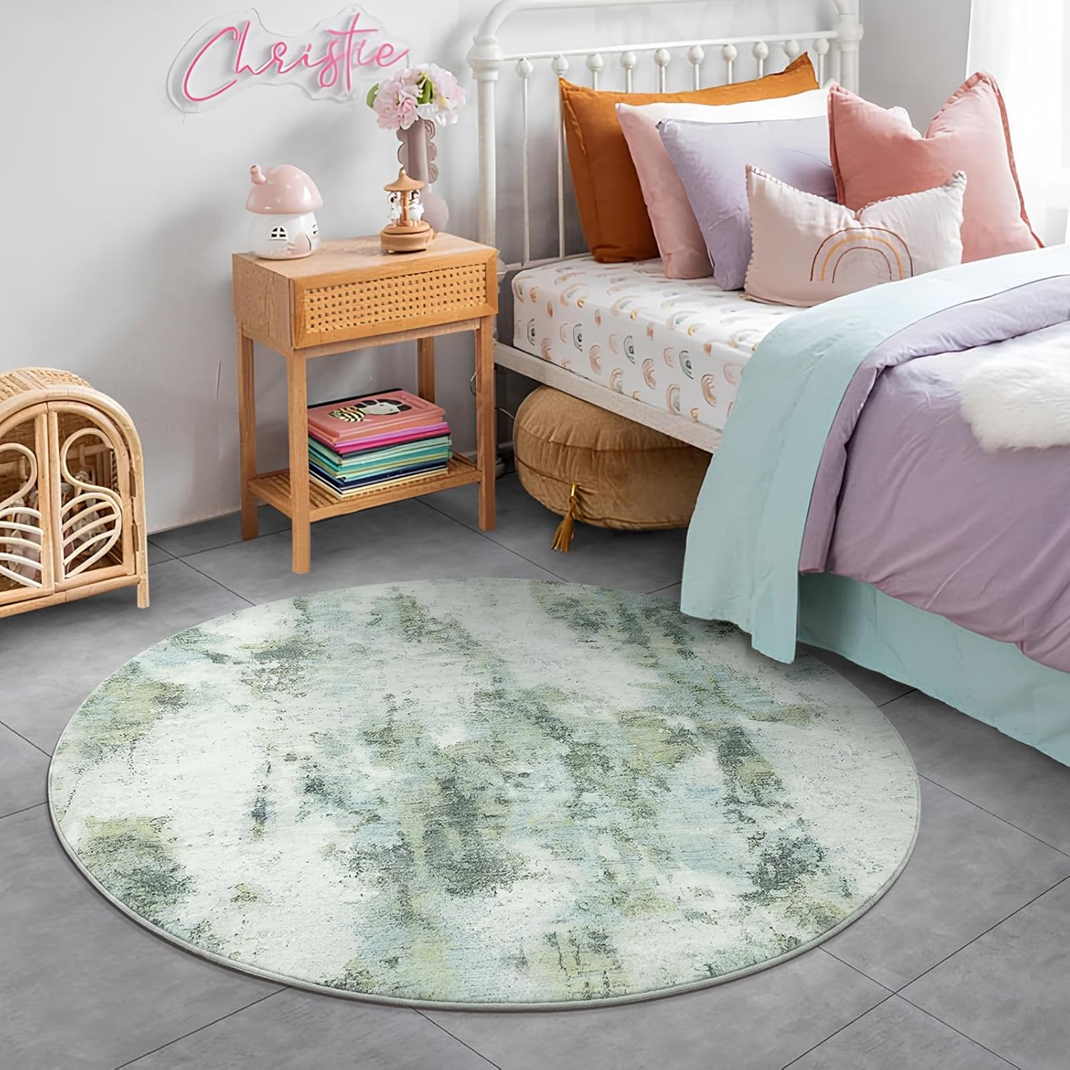Asrug Small Round Rug 3ft, Abstract 3ft Round Rugs, Non-Slip Washable Circle Rug, Machine Area Rug for Nursery Entryway, Soft Throw Floor Carpet Low Pile for Bathroom Living Bedroom, Green
