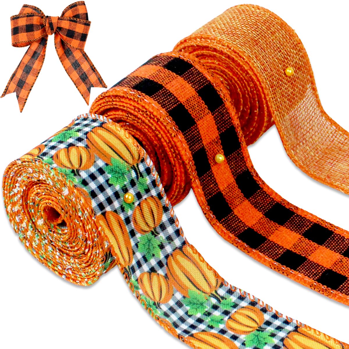 3 Rolls Fall Thanksgiving Wired Edge Ribbon 9.9 Yard Buffalo Plaid Ribbons with Pumpkin Pattern Wrapping Ribbon for Thanksgiving Party Autumn Harvest