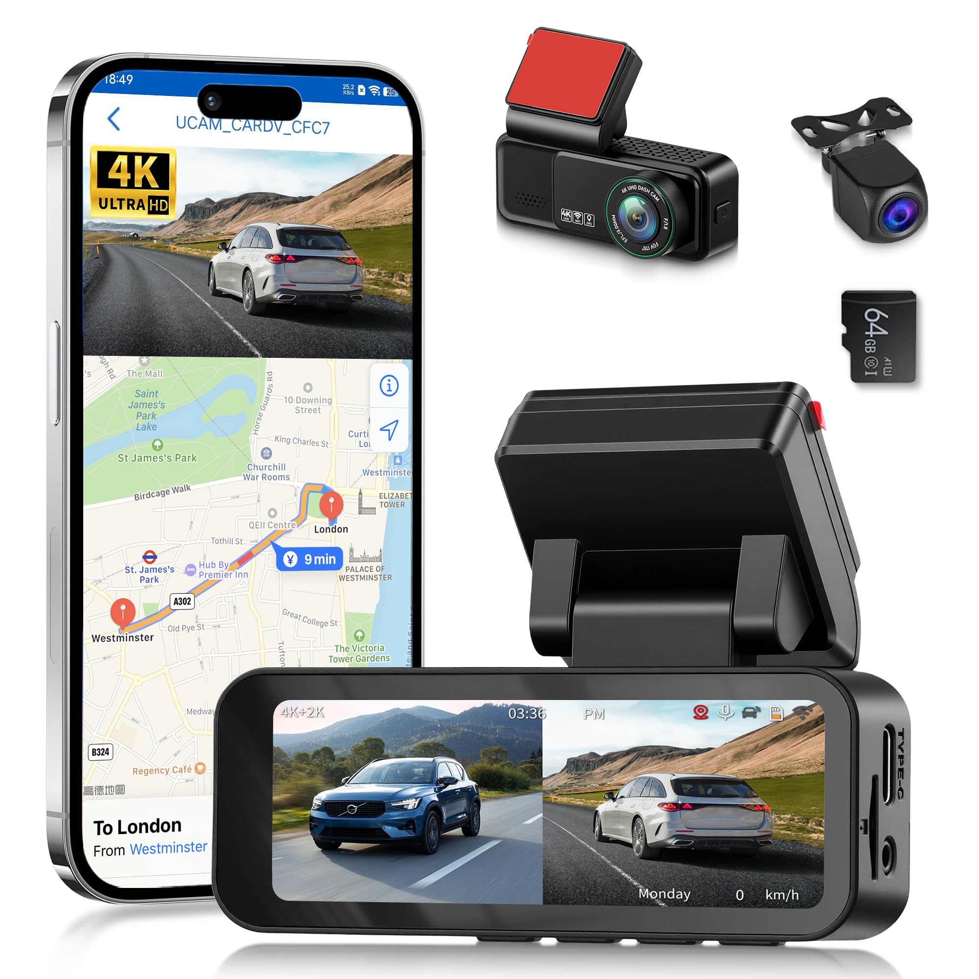 Rimoody Dashcam 4K con GPS, Doble Cámara de Coche 3.16 Pulgadas, 4K Delantera + 2K Trasera, Ángulo 150°+120°, WiFi Doble Banda 2.4/5.8GHz, ADAS, Grabación Cíclica, G-Sensor, con 64 GB Tarjeta