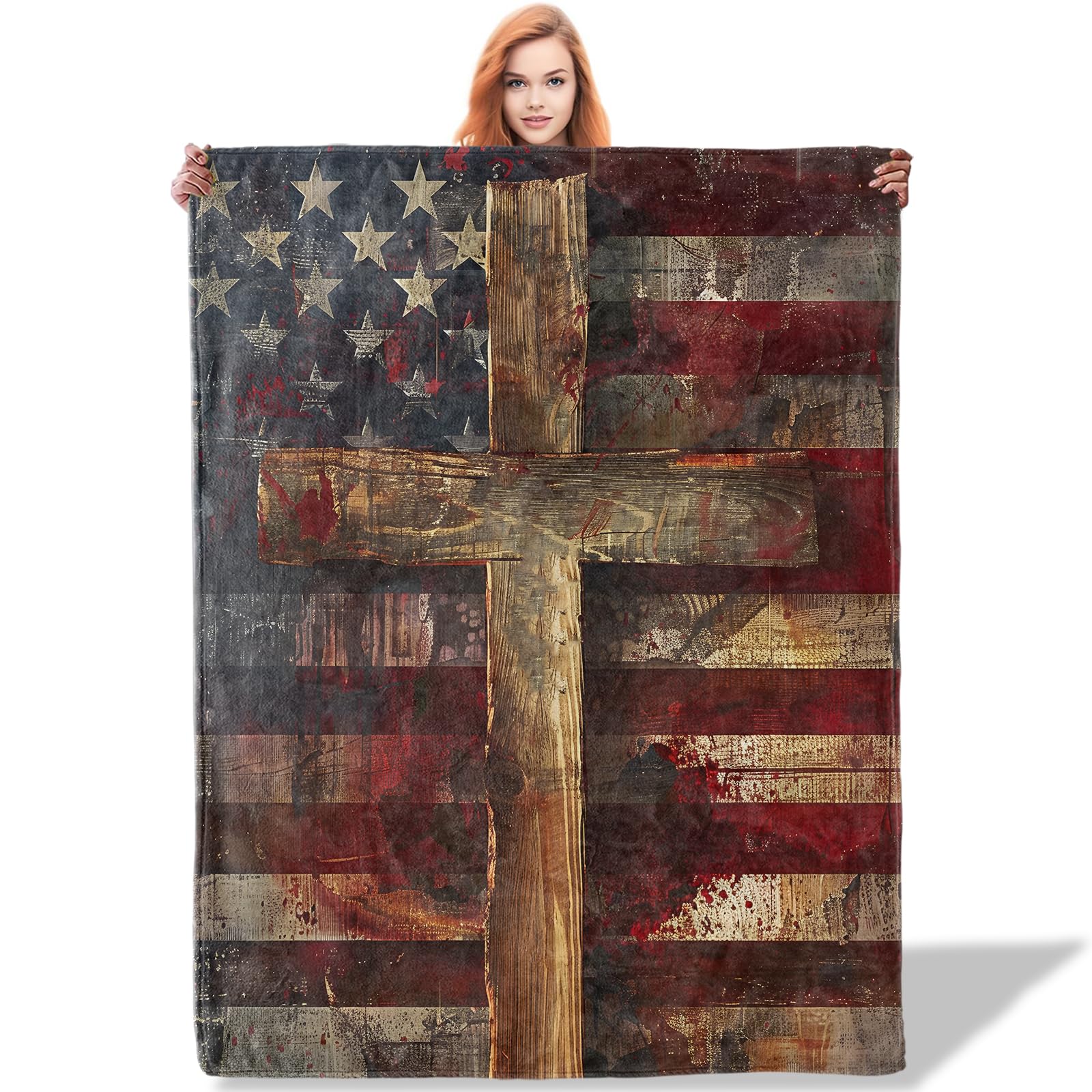 Vintage American Flag Cross Flannel Throw Blanket for Christian Faith Lovers, Lightweight Warm Soft Cozy Patriotic Religious Art Print Blankets, Sofa Bed Living Room Home Decor Gifts, 50"x60"
