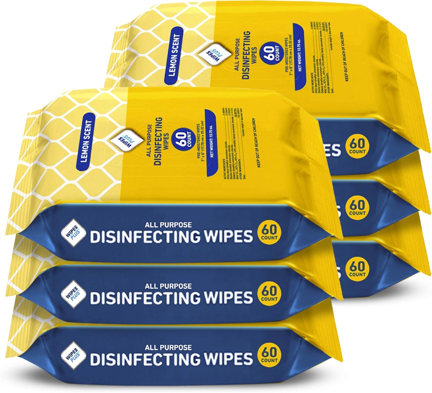 WipesPlus Disinfecting Wipes Bulk (360 Total Wipes) - 6 Packs of Sanitizing Wipes - 60 Disinfectant Wipes per Pack - Made in The USA : Health & Household