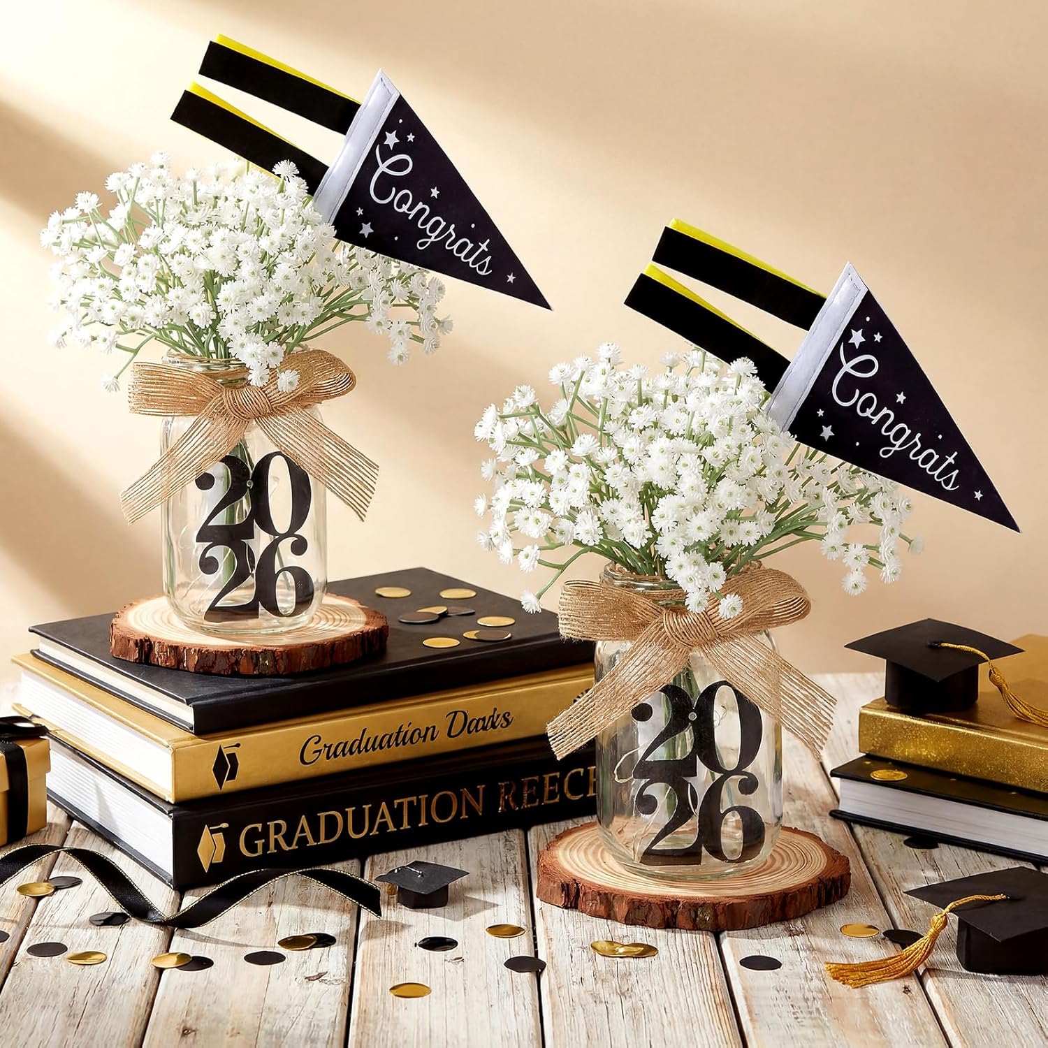 6 Pack Mason Jar Graduation Flower Centerpieces Class of 2026 with LED Light up Graduation Cap Decorations Congratulation Grad Party Supplies for Tables College Masters Degree Gifts